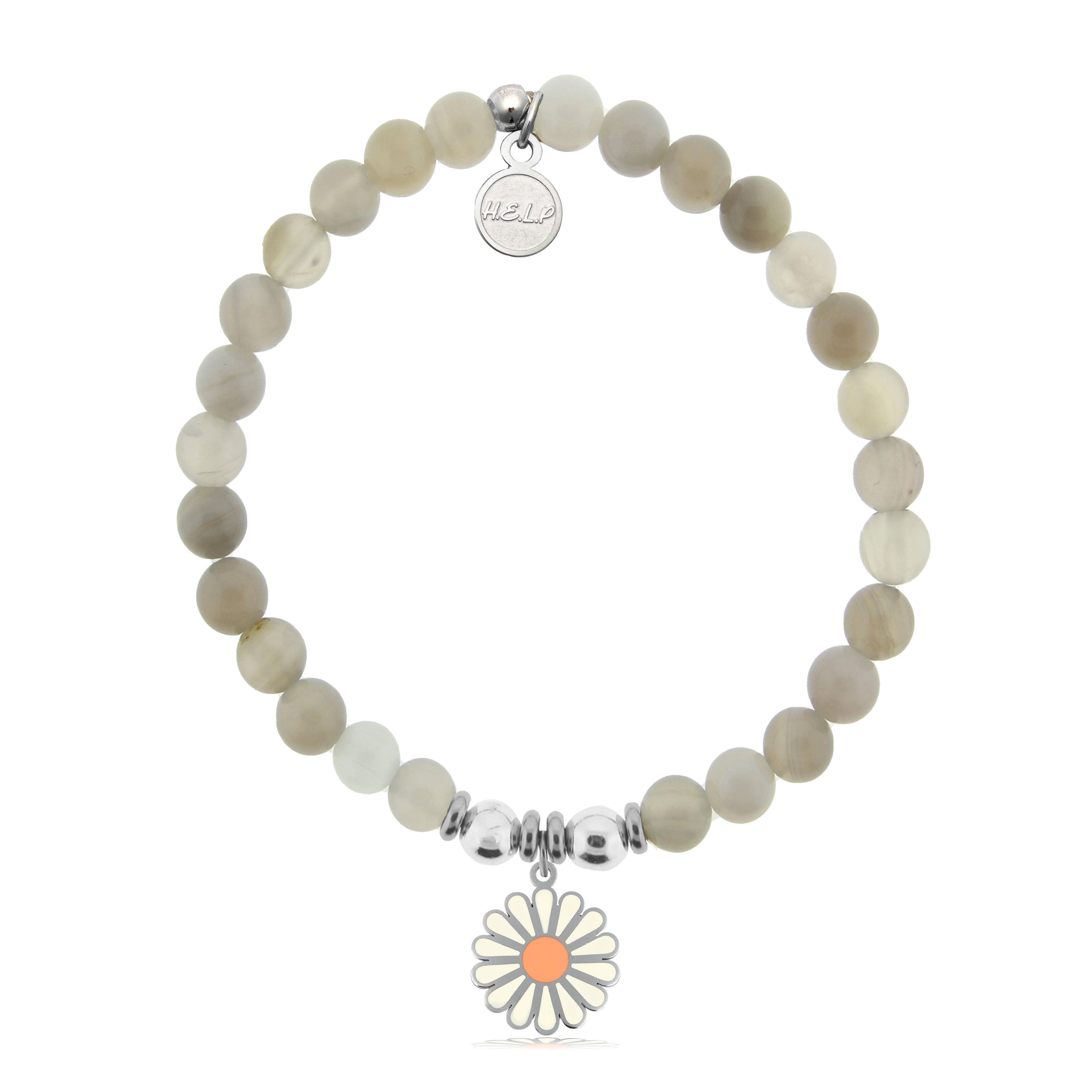 HELP by TJ Daisy Enamel Charm with Grey Stripe Agate Charity Bracelet