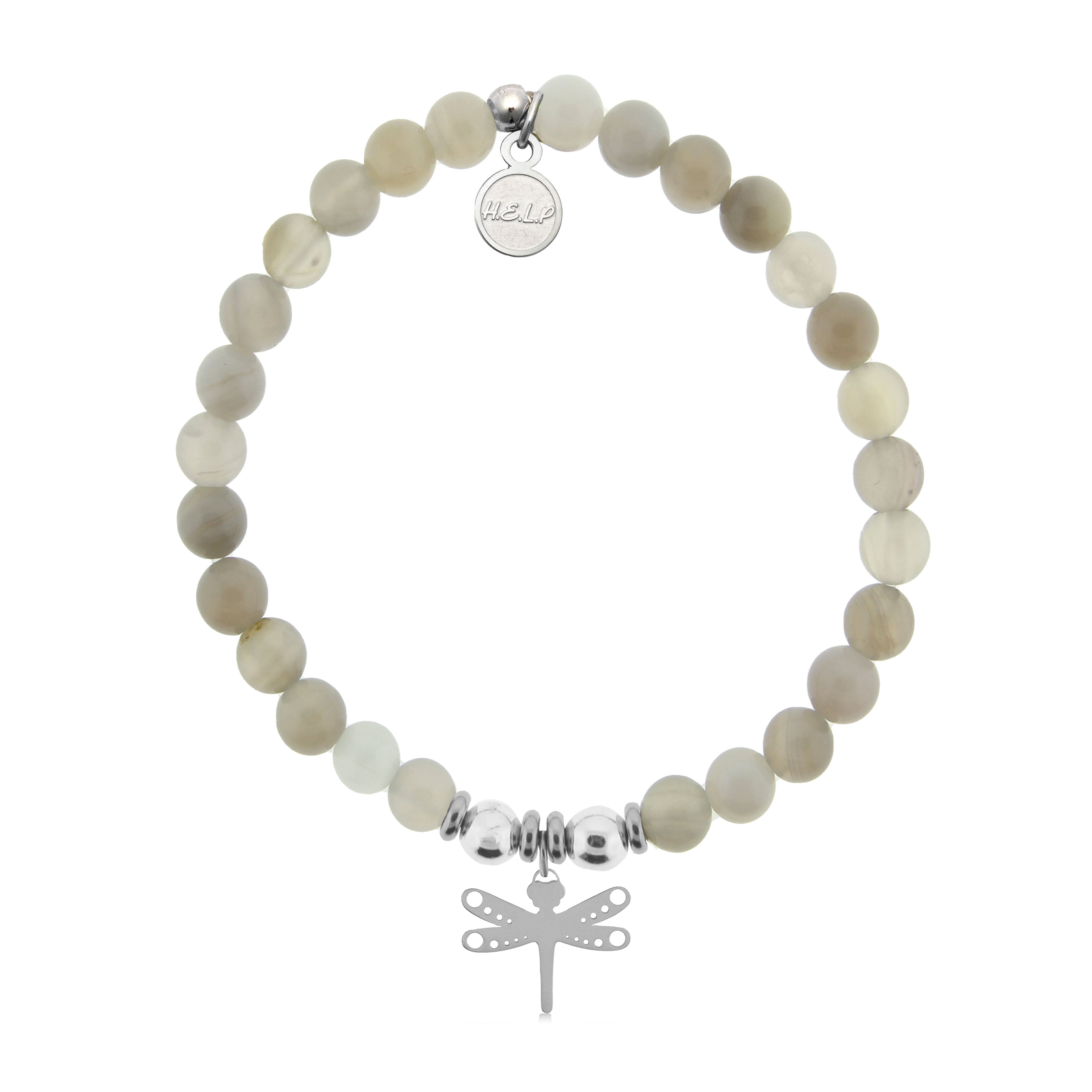 HELP by TJ Dragonfly Charm with Grey Stripe Agate Charity Bracelet