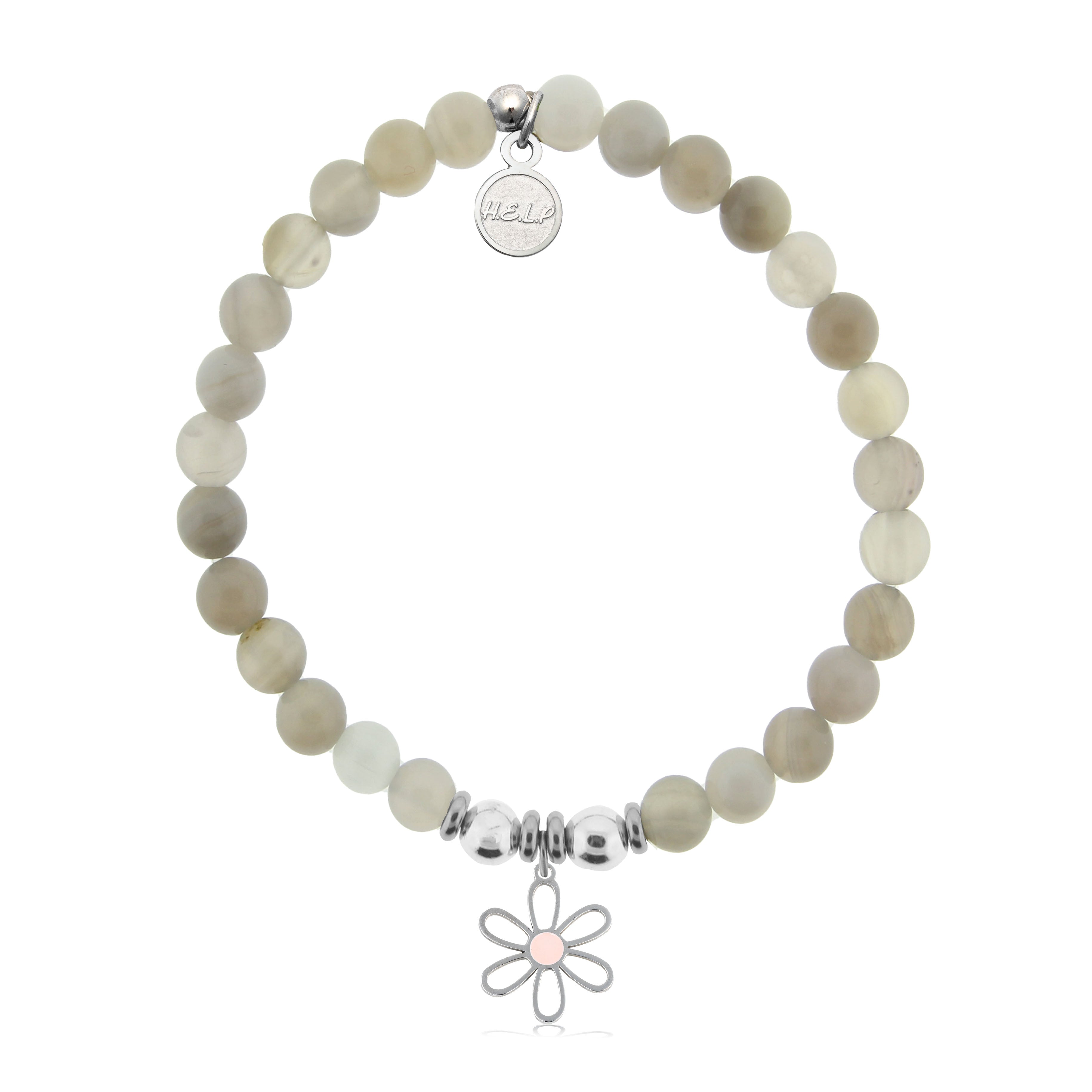 HELP by TJ Flower Charm with Grey Stripe Agate Charity Bracelet