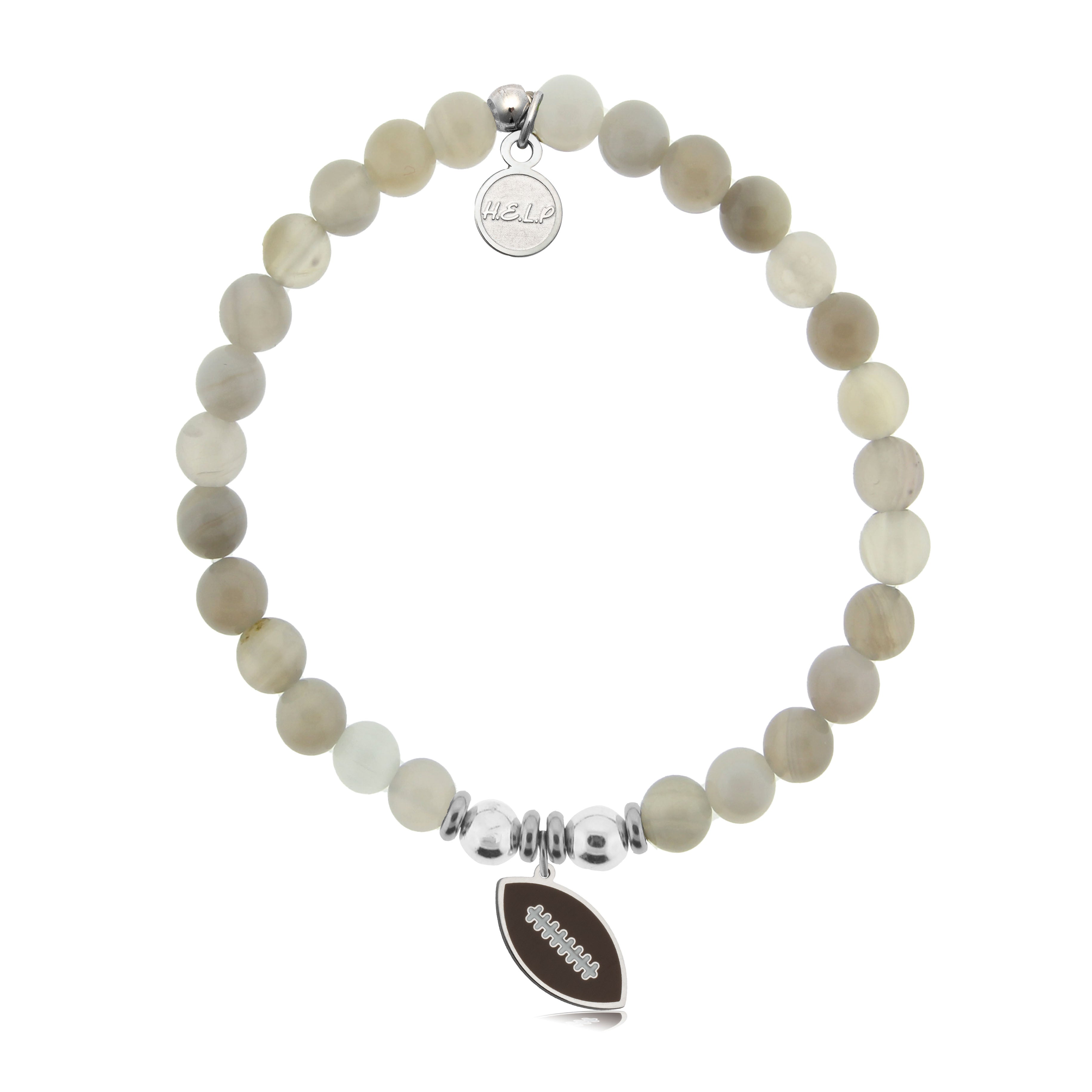 HELP by TJ Football Enamel Charm with Grey Stripe Agate Charity Bracelet