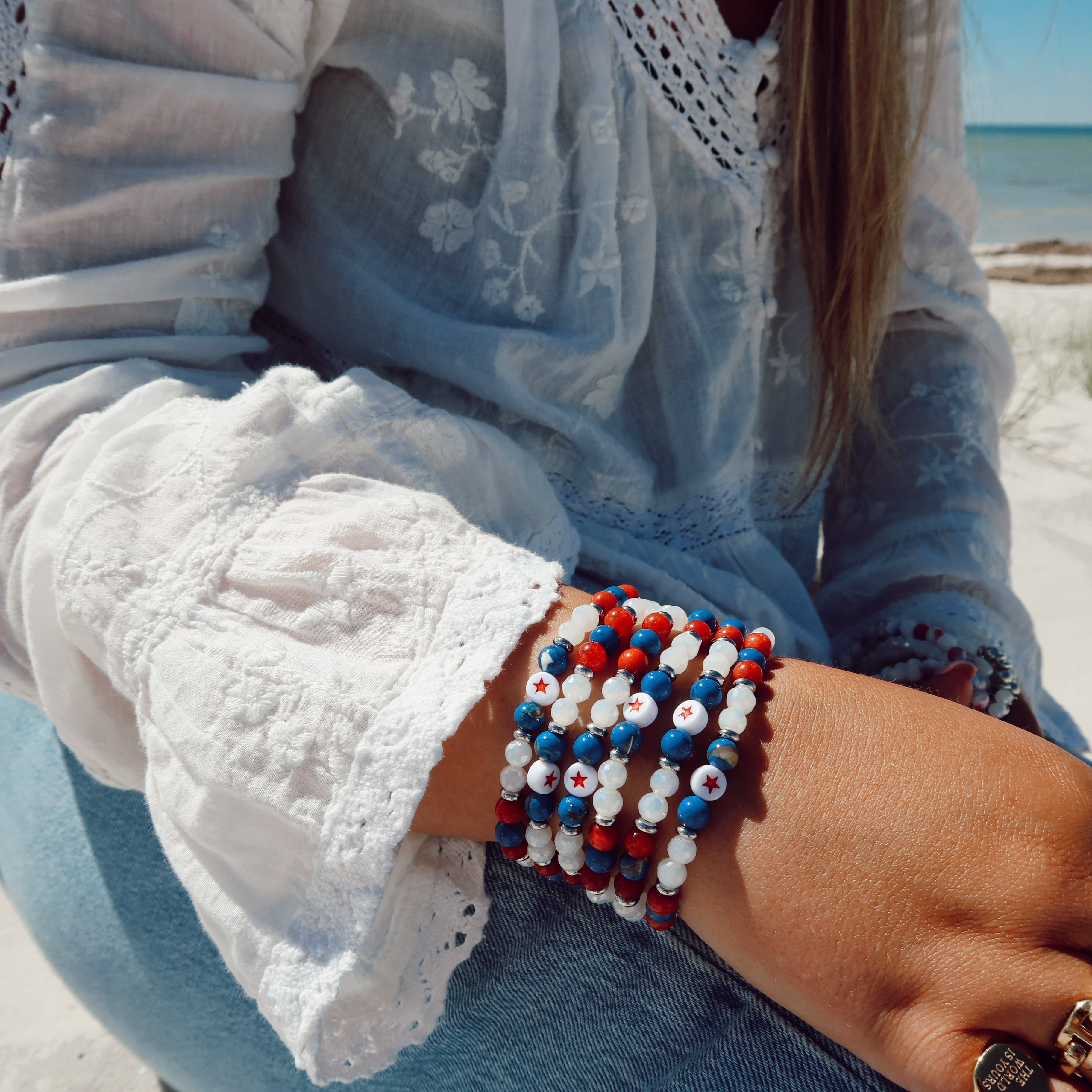 HELP by TJ Freedom with Red Star & White Crystal Gemstone Bracelet