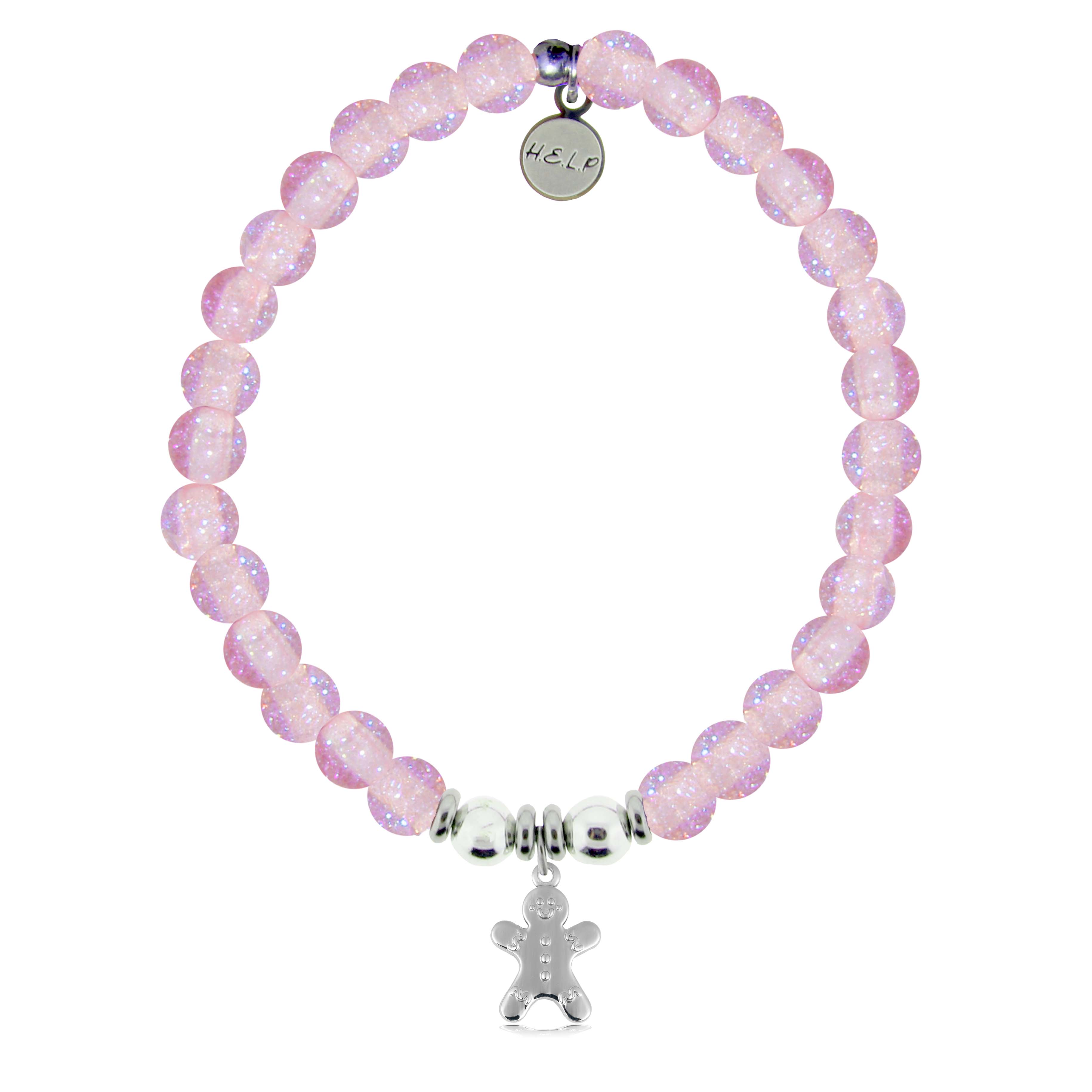 HELP by TJ Gingerbread Man Charm with Pink Glass Shimmer Charity Bracelet
