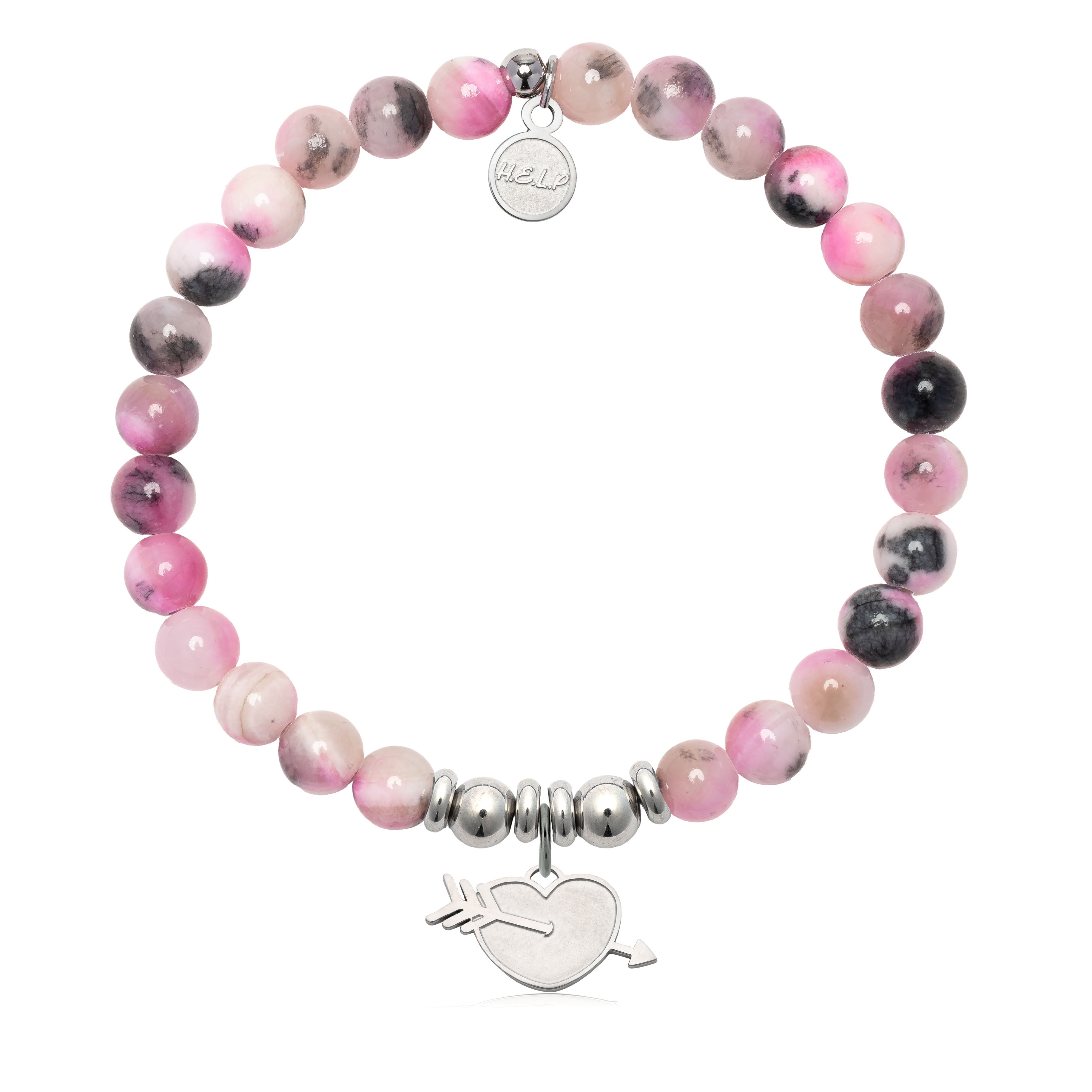 HELP by TJ Heart and Arrow Charm with Pink Zebra Jade Charity Bracelet