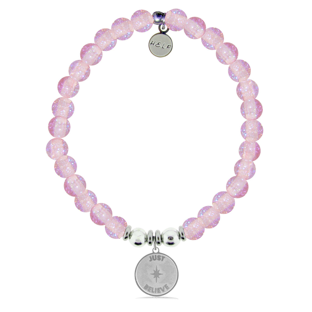 HELP by TJ Just Believe Charm with Pink Glass Shimmer Charity Bracelet