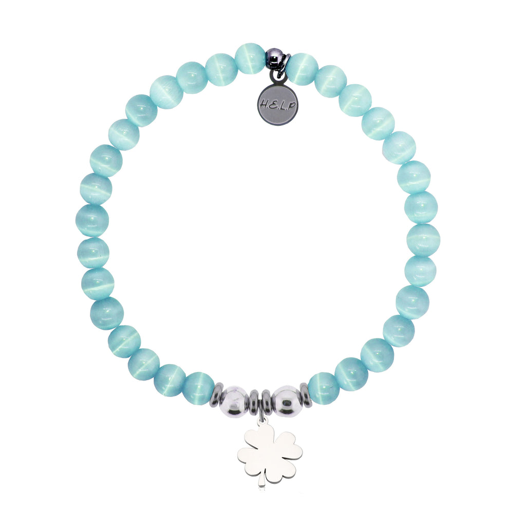 HELP by TJ Lucky Clover Charm with Aqua Cats Eye Charity Bracelet