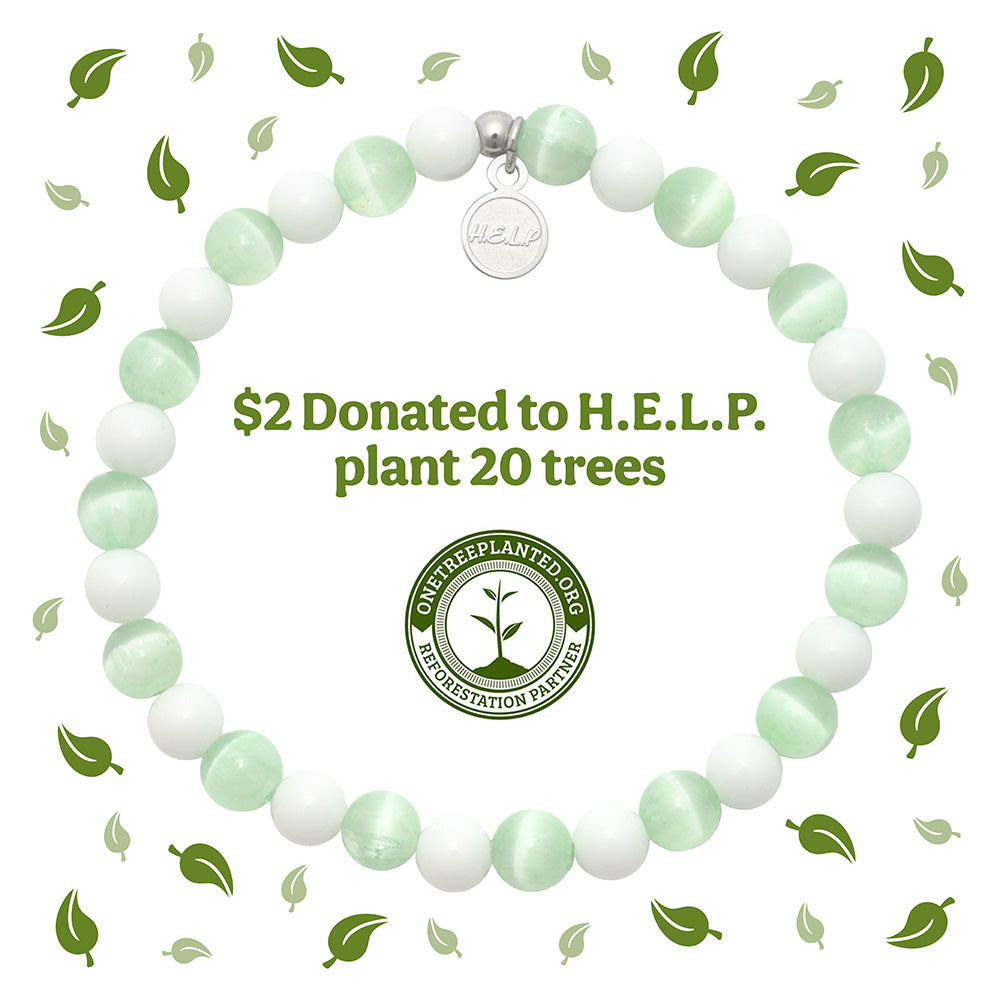 HELP by TJ One Tree Planted Charity Bracelet: Green Selenite & White Jade Stacker