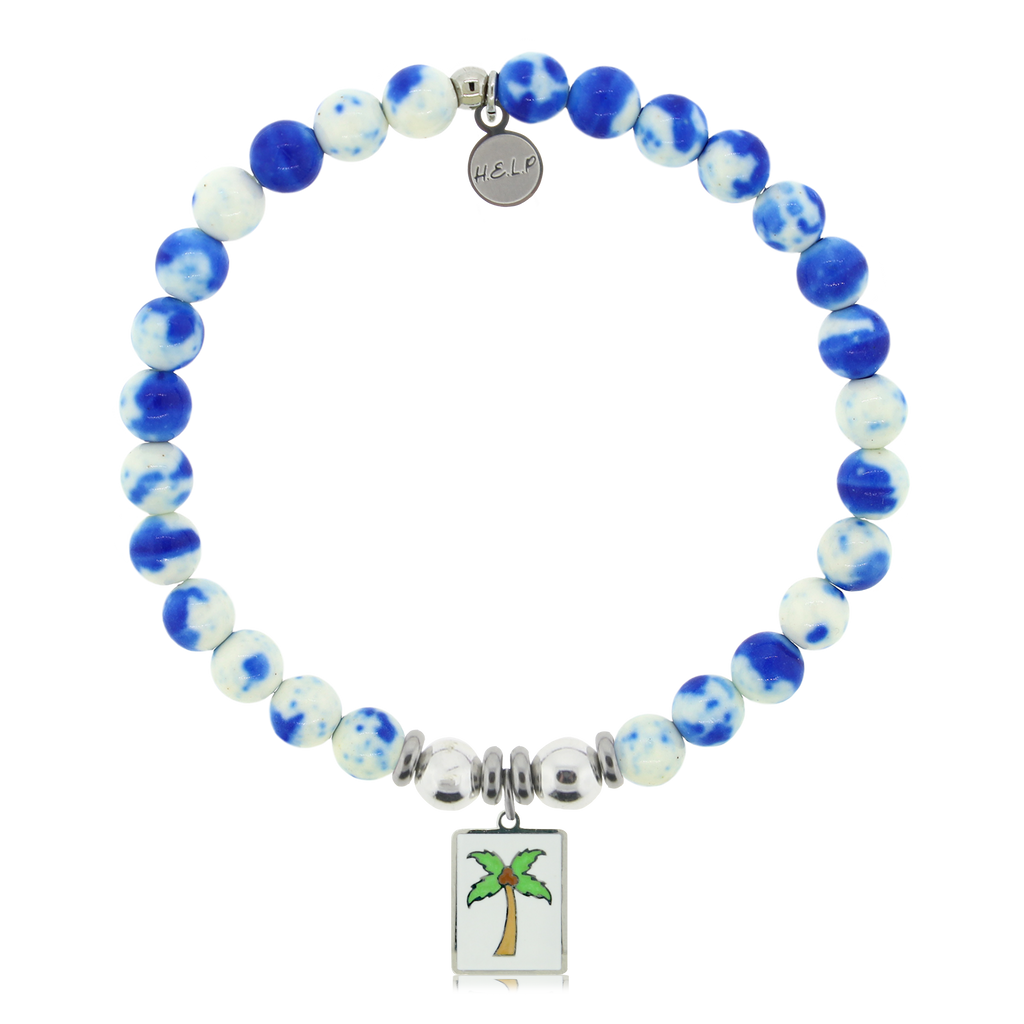 HELP by TJ Palm Tree Enamel Charm with Blue and White Jade Charity Bracelet
