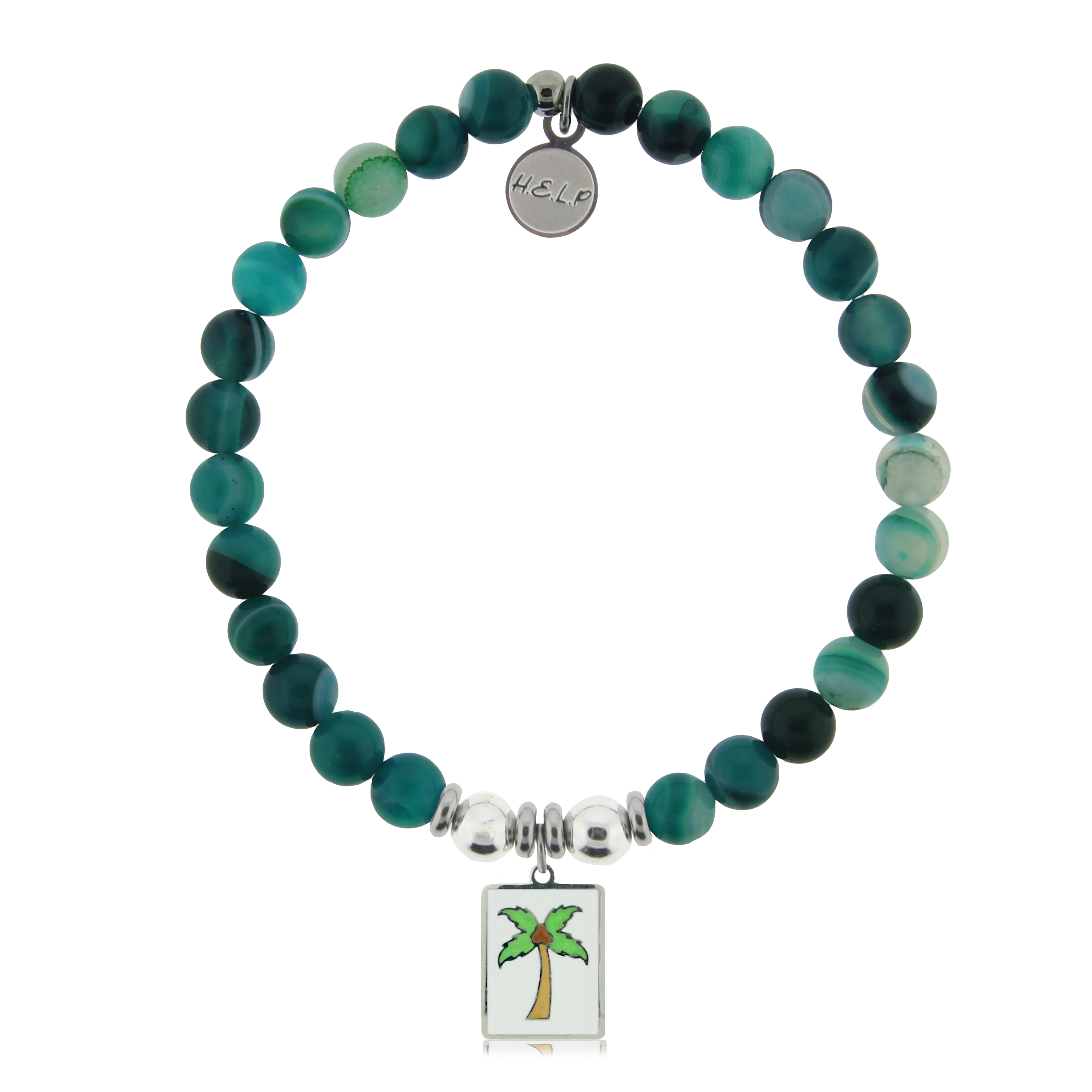 HELP by TJ Palm Tree Enamel Charm with Green Stripe Agate Charity Bracelet
