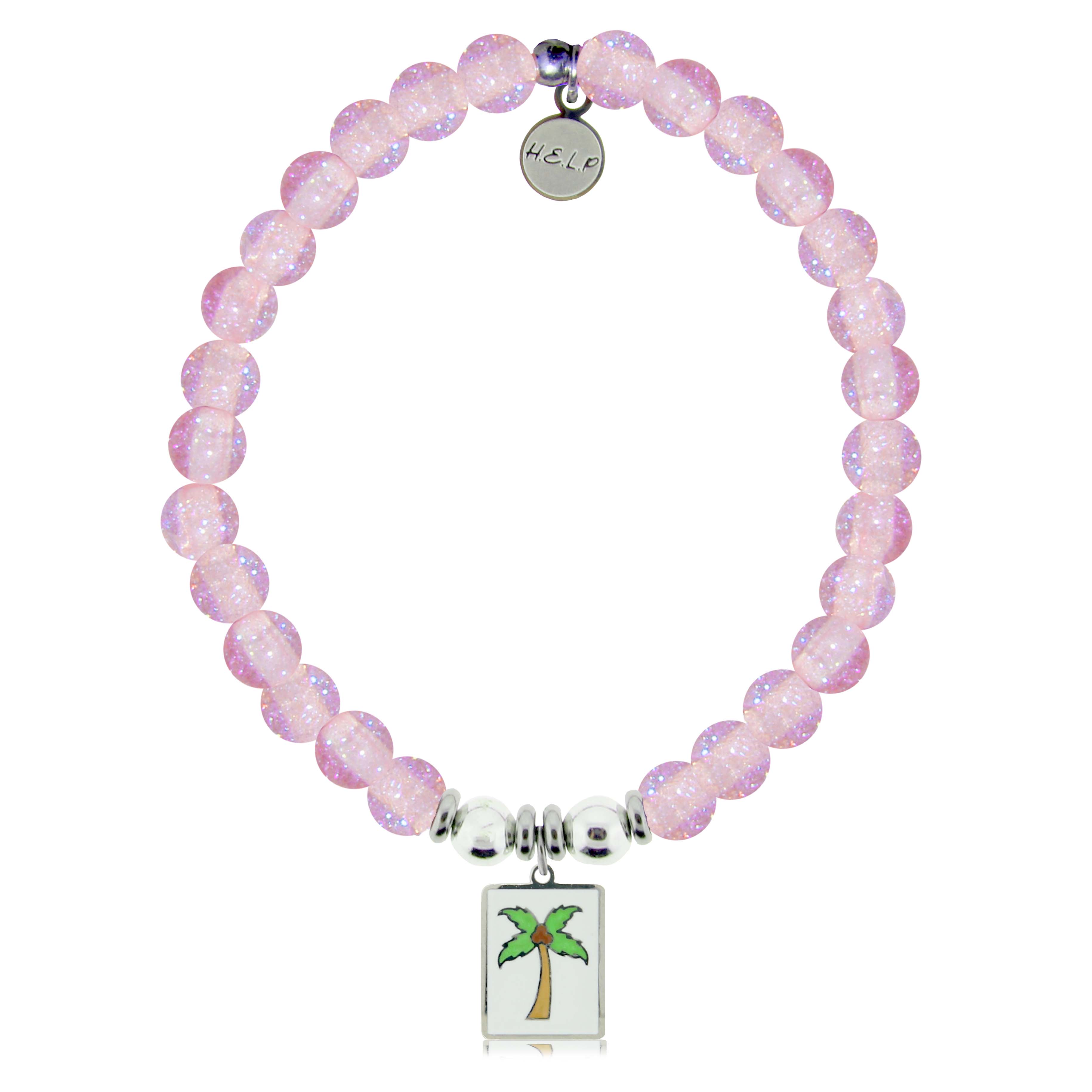 HELP by TJ Palm Tree Enamel Charm with Pink Glass Shimmer Charity Bracelet