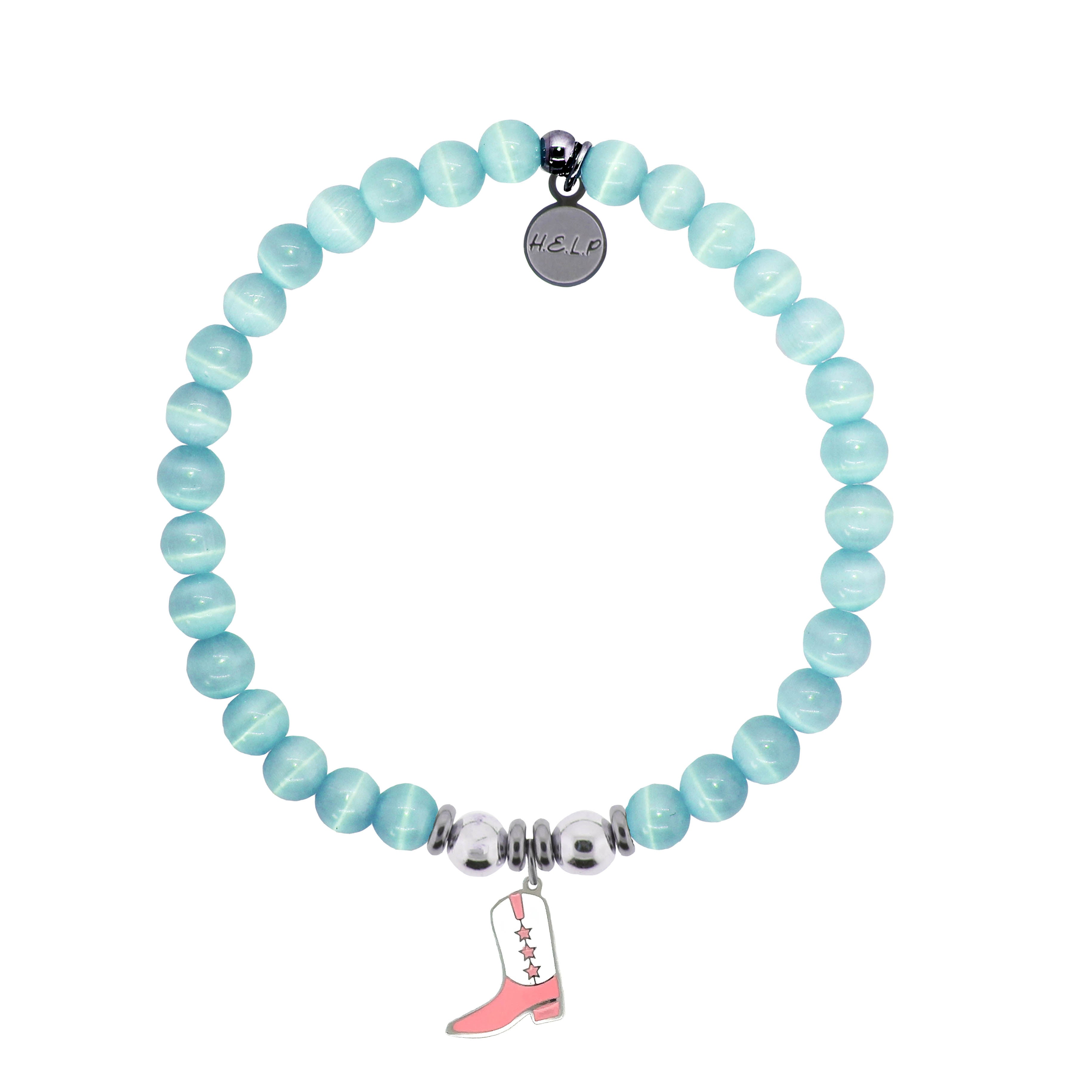 HELP by TJ Pink Cowboy Boot Charm with Aqua Cats Eye Charity Bracelet