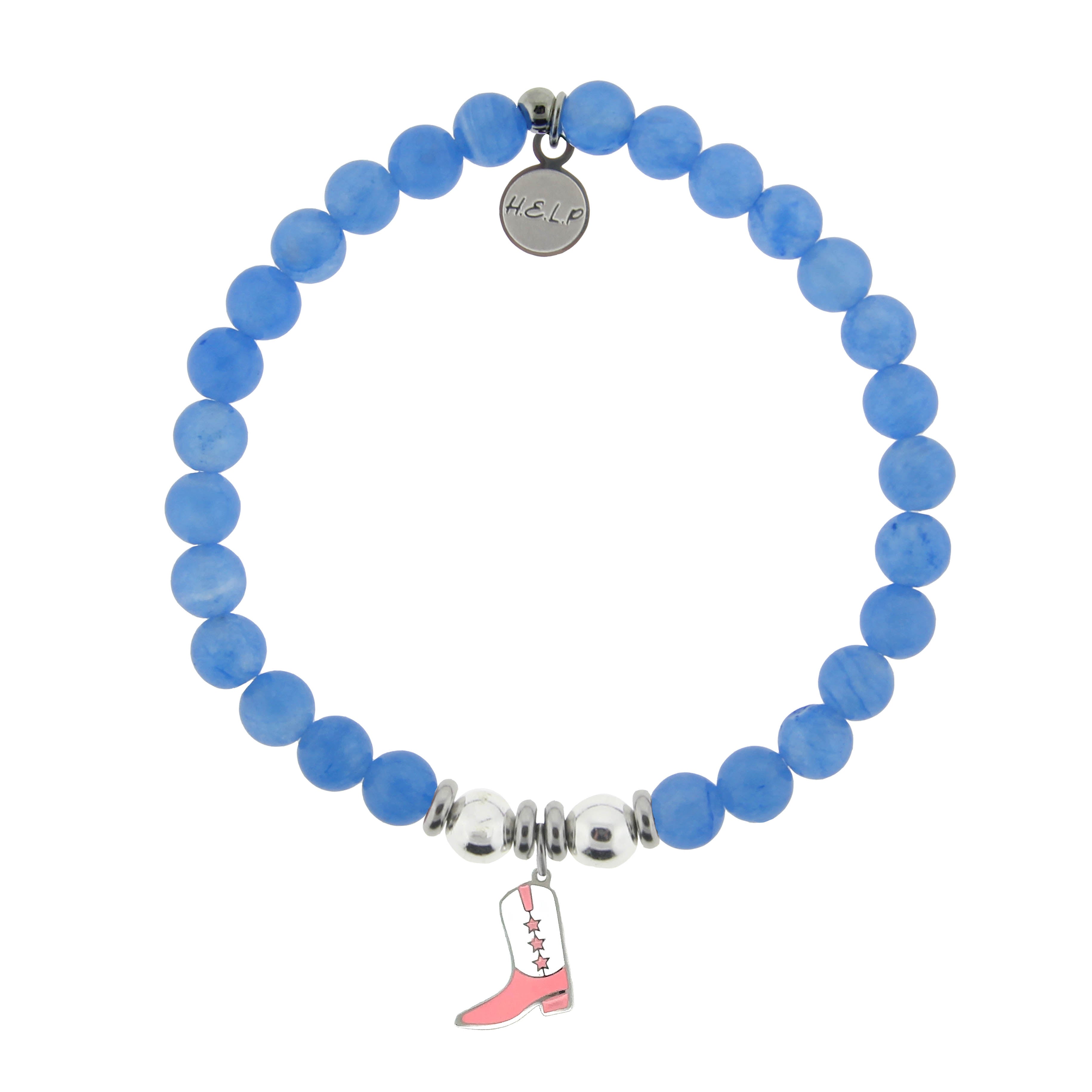 HELP by TJ Pink Cowboy Boot Charm with Azure Blue Jade Charity Bracelet