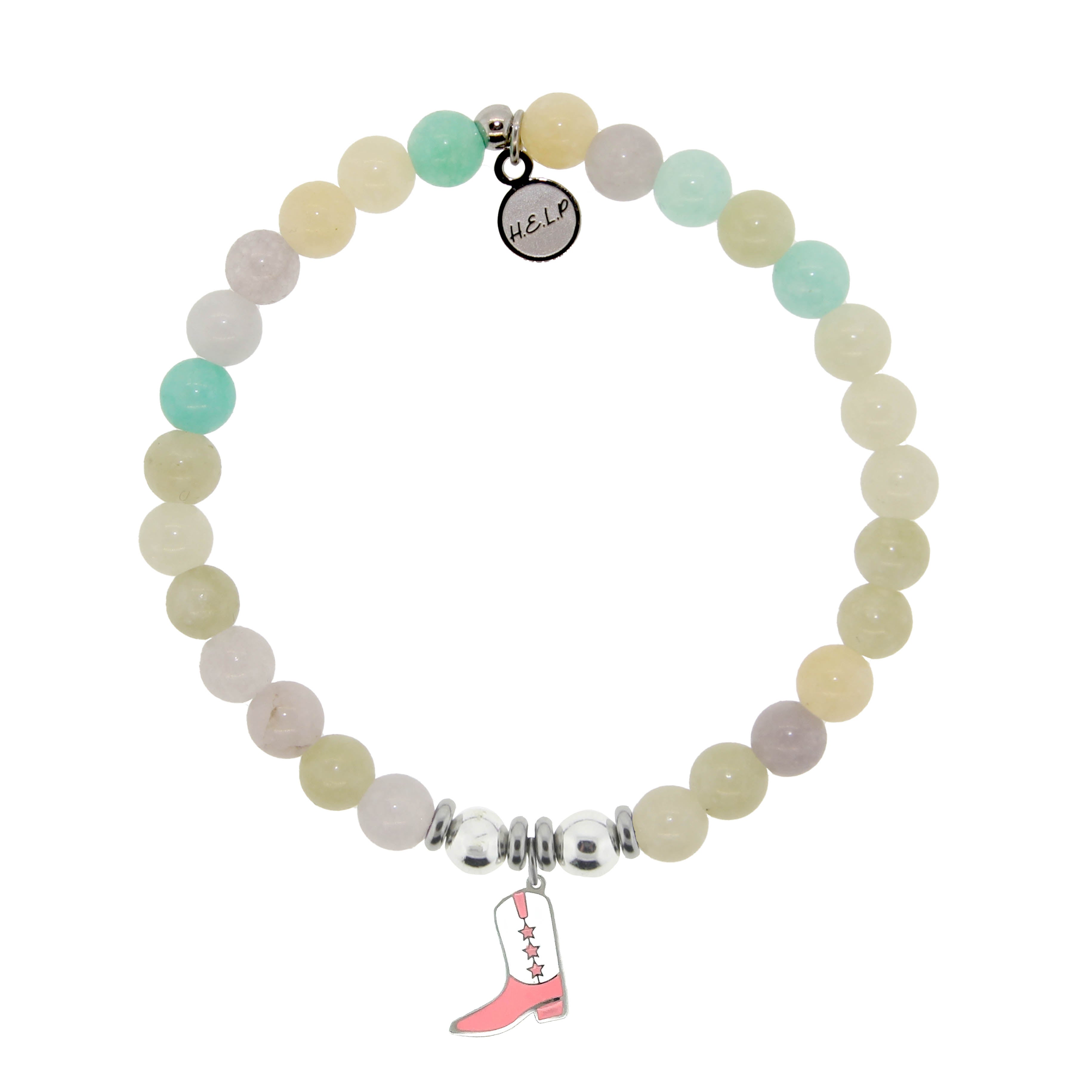 HELP by TJ Pink Cowboy Boot Charm with Green Yellow Jade Charity Bracelet
