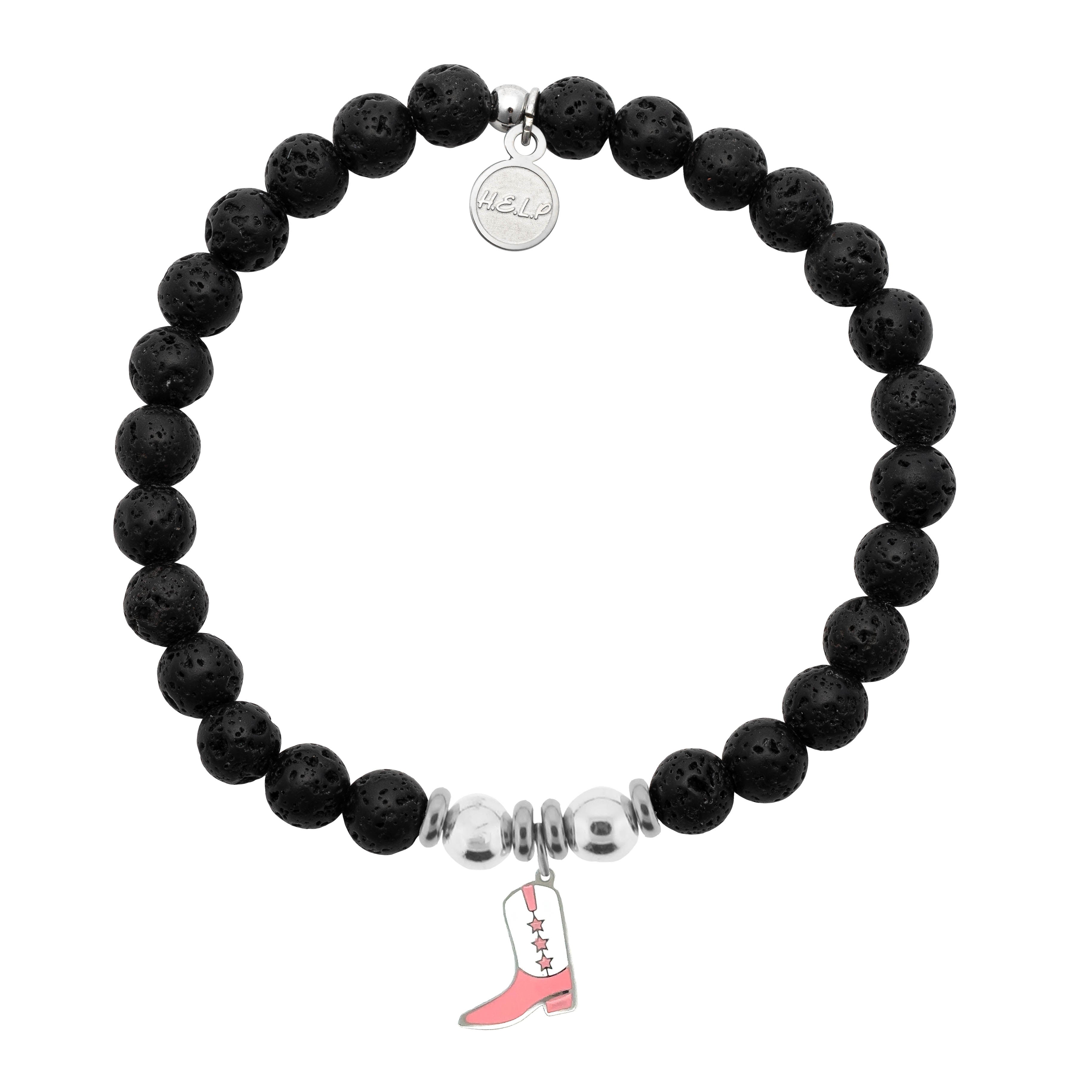 HELP by TJ Pink Cowboy Boot Charm with Lava Rock Charity Bracelet