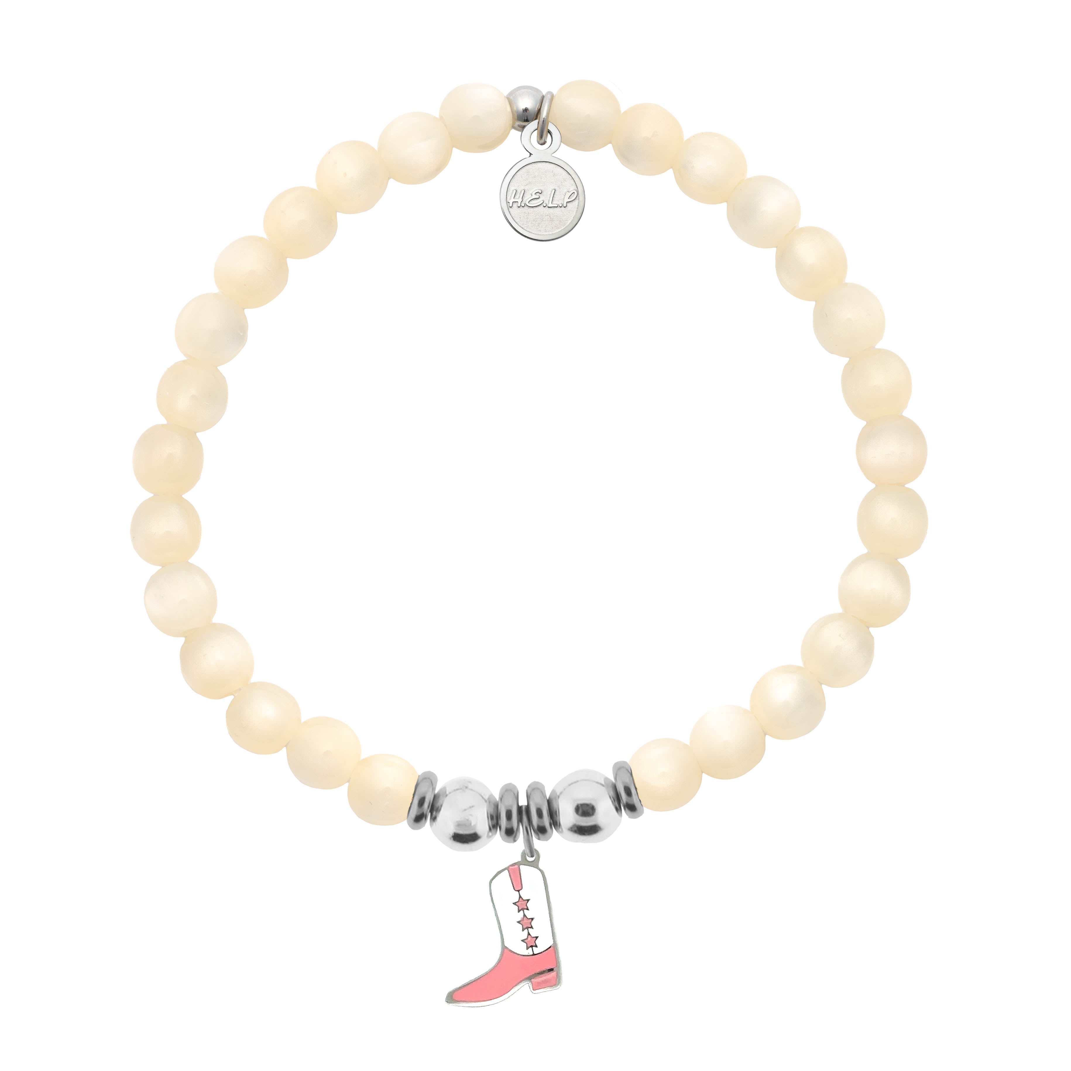 HELP by TJ Pink Cowboy Boot Charm with Natural Selenite Charity Bracelet