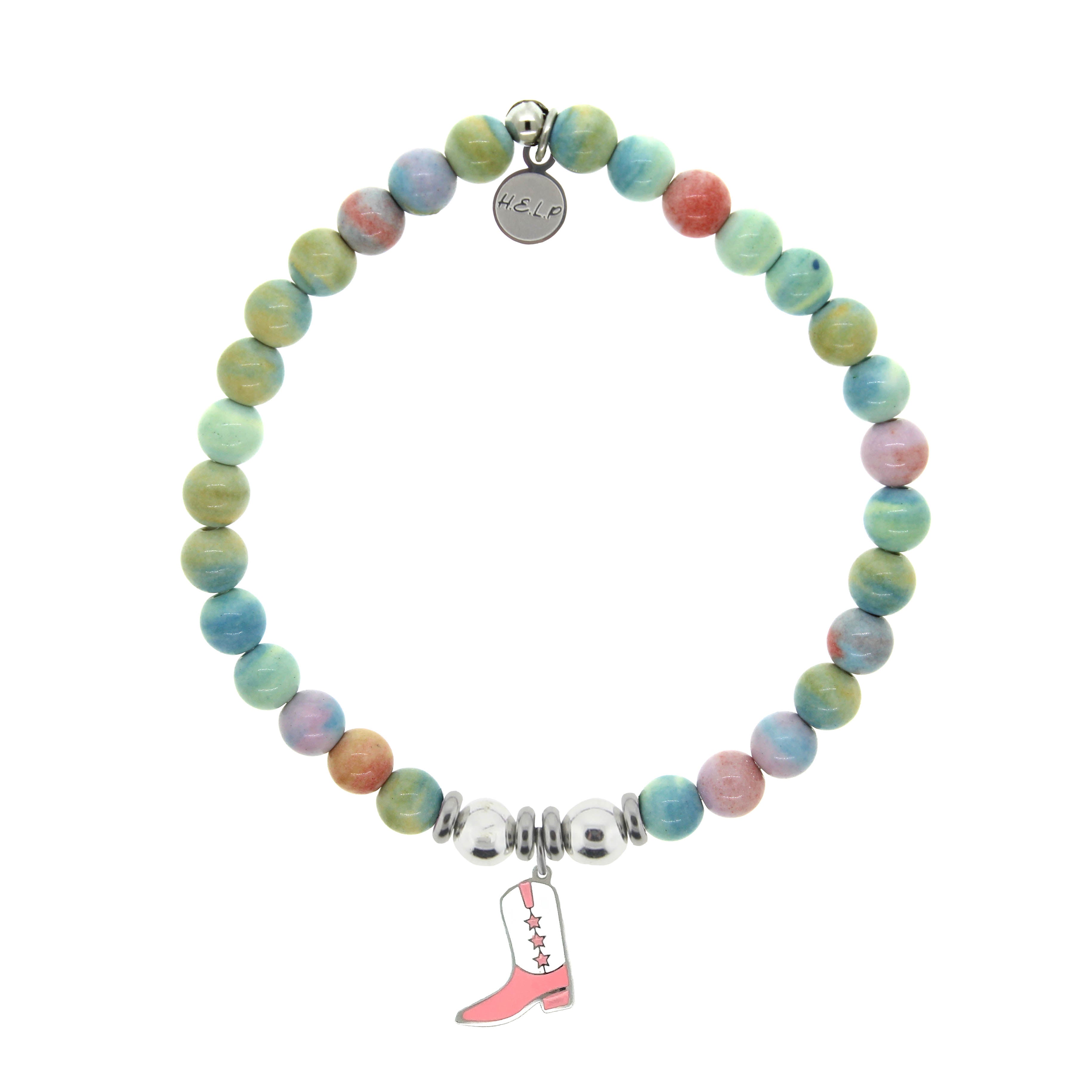 HELP by TJ Pink Cowboy Boot Charm with Pastel Jade Charity Bracelet