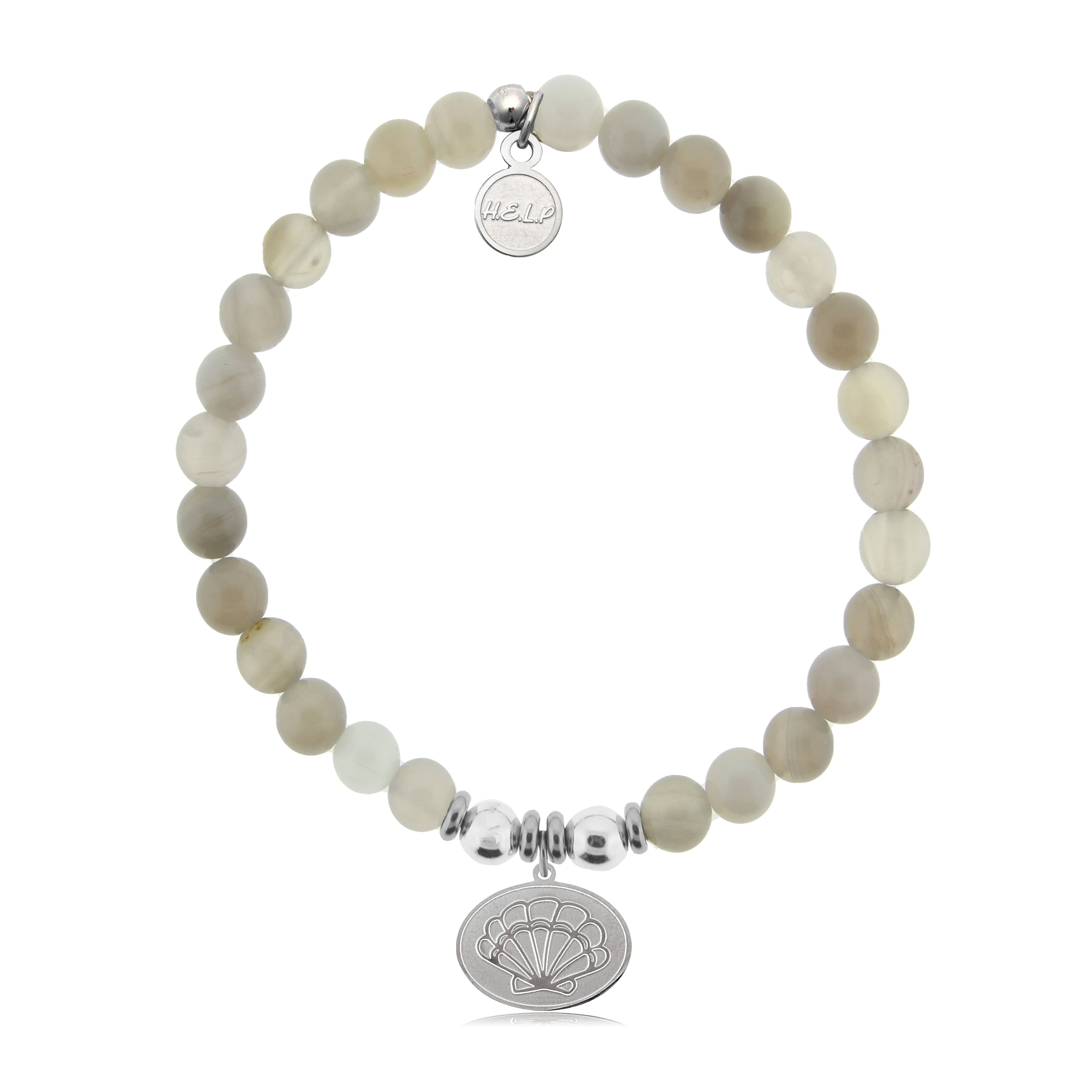 HELP by TJ Seashell Charm with Grey Stripe Agate Charity Bracelet