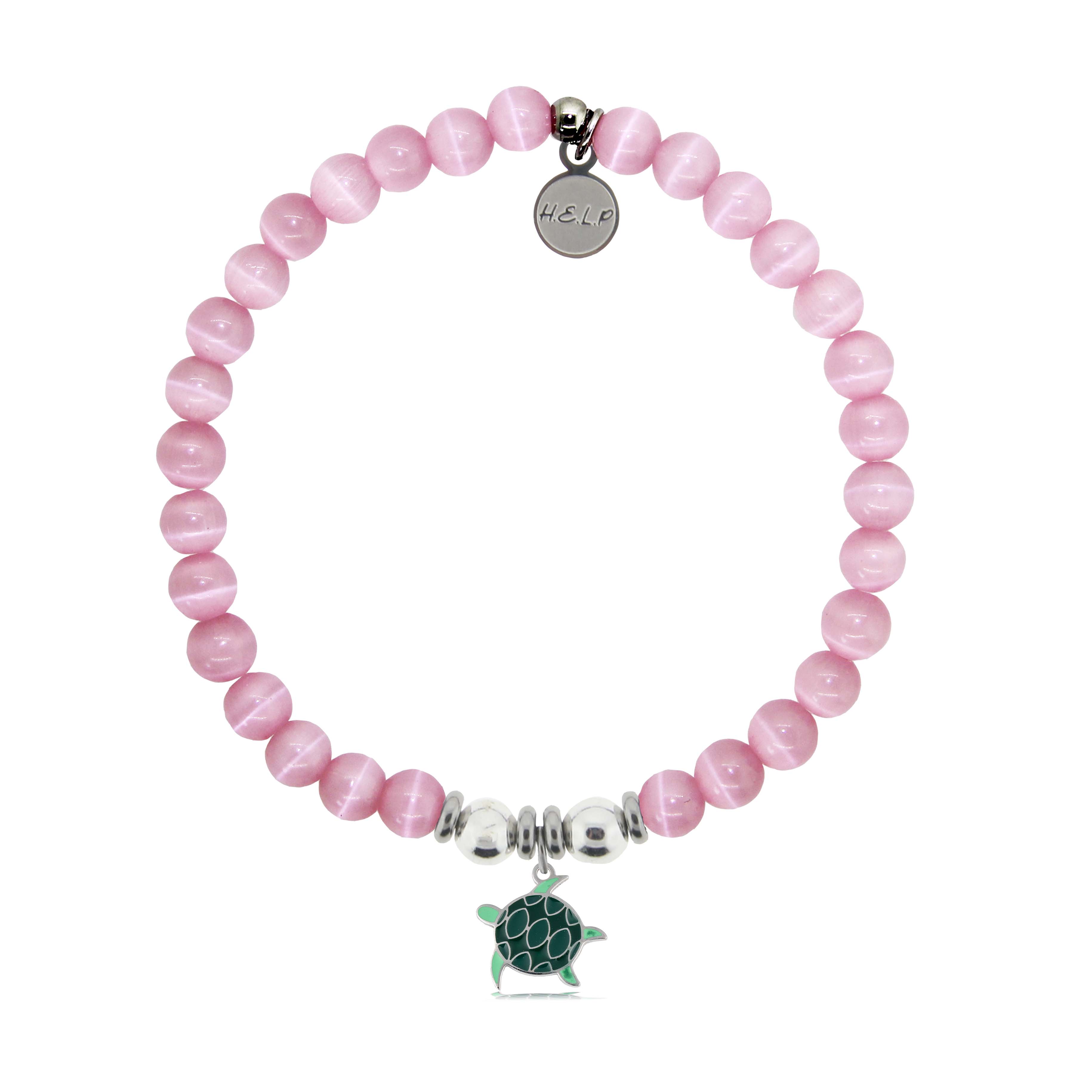 HELP by TJ Turtle Enamel Charm with Pink Cats Eye Charity Bracelet