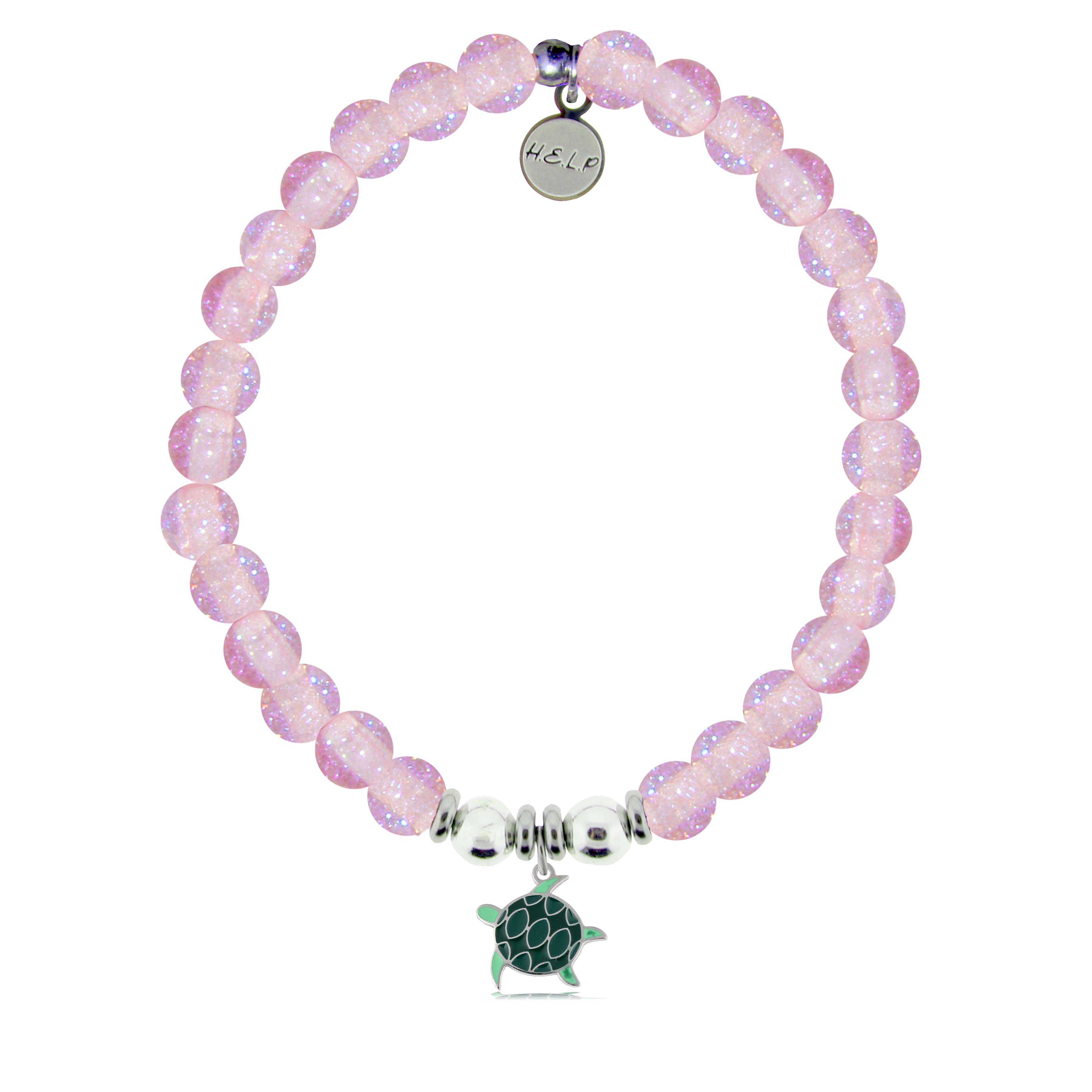 HELP by TJ Turtle Enamel Charm with Pink Glass Shimmer Charity Bracelet