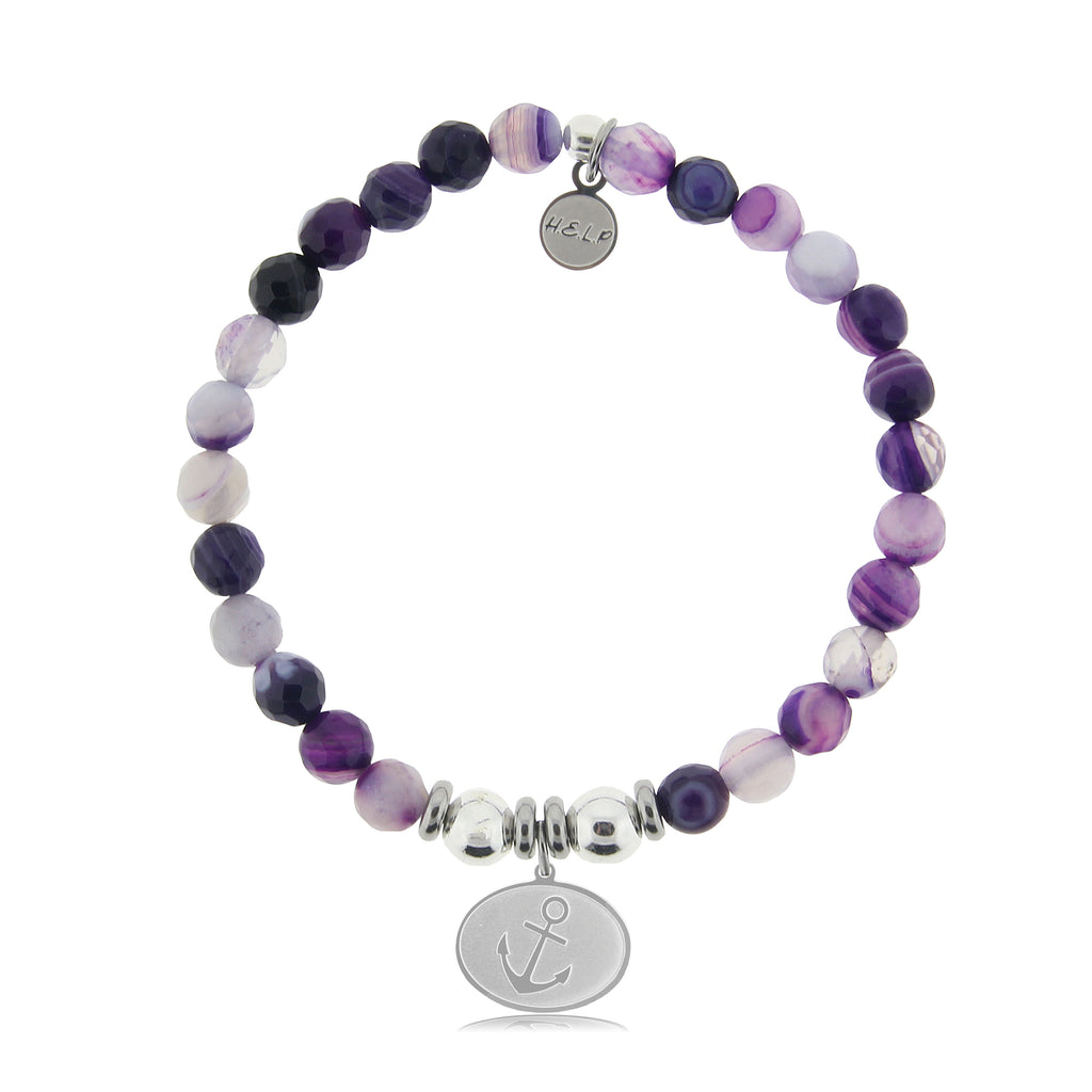 HELP by TJ Anchor Charm with Purple Stripe Agate Beads Charity Bracelet