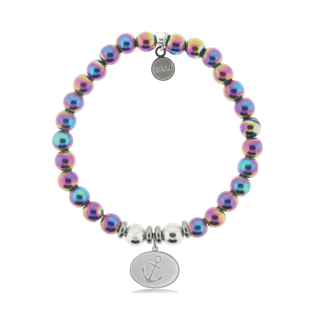 HELP by TJ Anchor Charm with Rainbow Hematite Beads Charity Bracelet