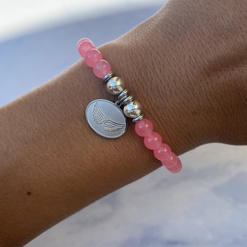 HELP by TJ Angel Wings Charm with Pink Agate Beads Charity Bracelet