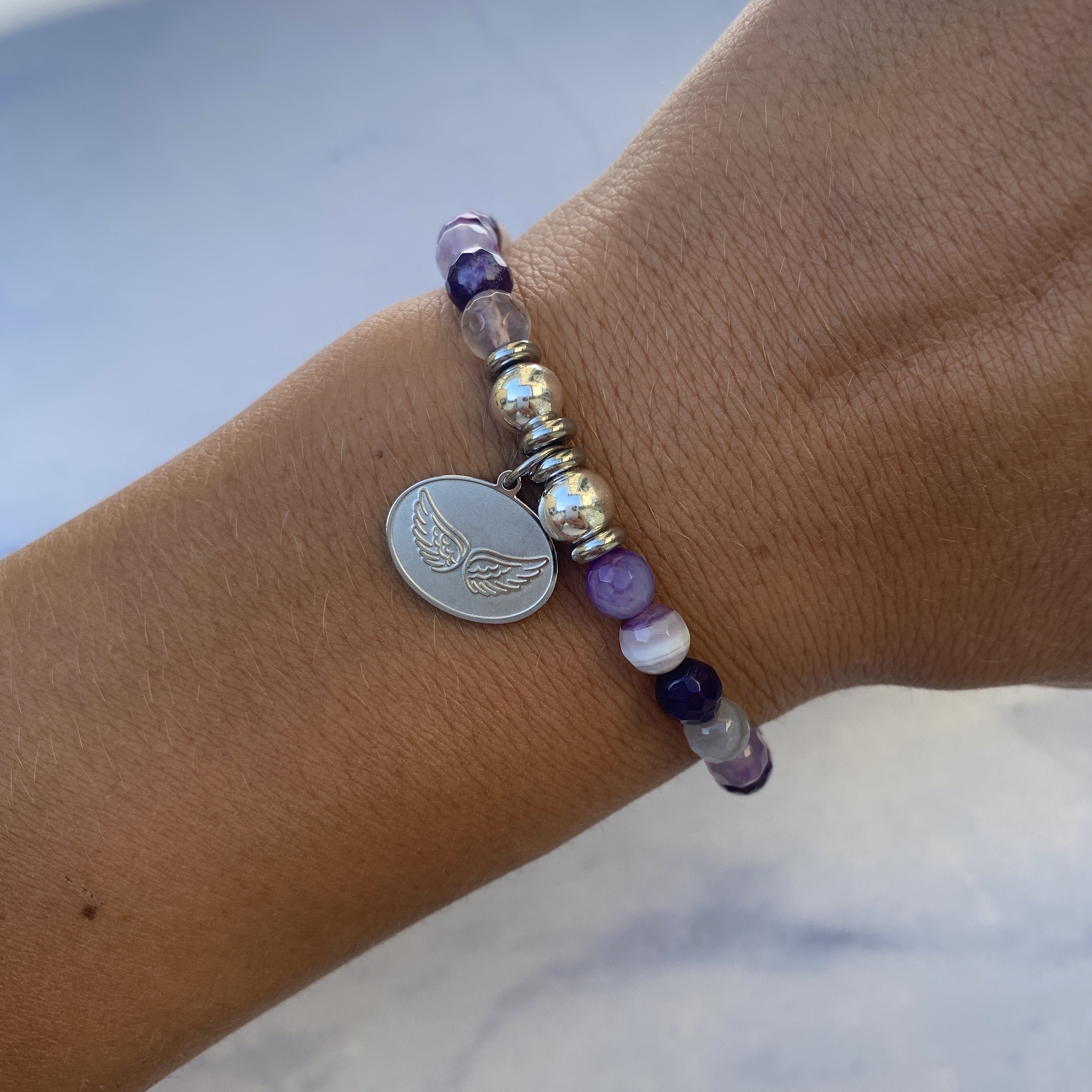 HELP by TJ Angel Wings Charm with Purple Stripe Agate Beads Charity Bracelet