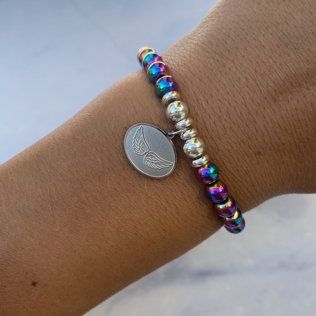 HELP by TJ Angel Wings Charm with Rainbow Hematite Beads Charity Bracelet