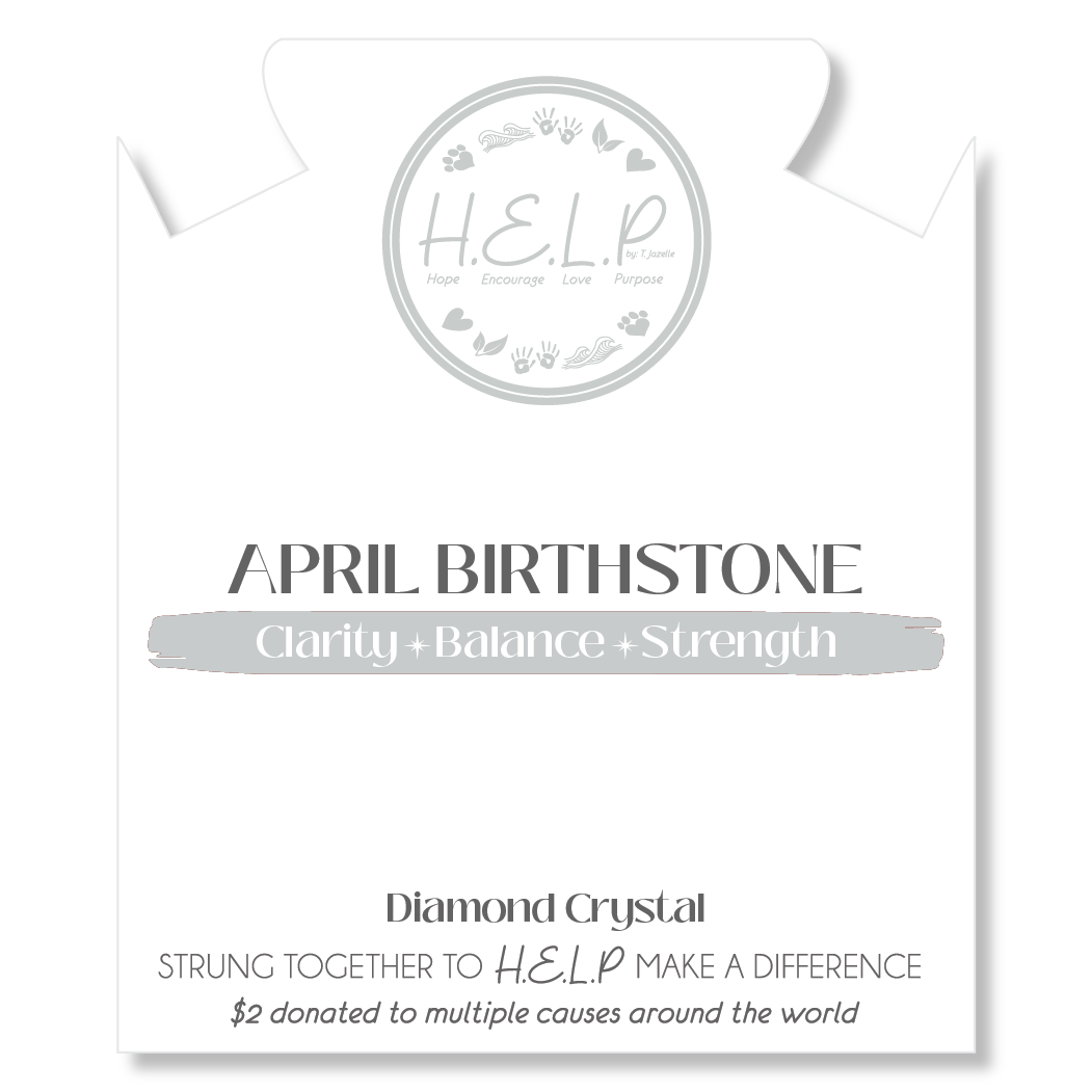 HELP by TJ April Diamond Crystal Birthstone Charm with White Cats Eye Charity Bracelet