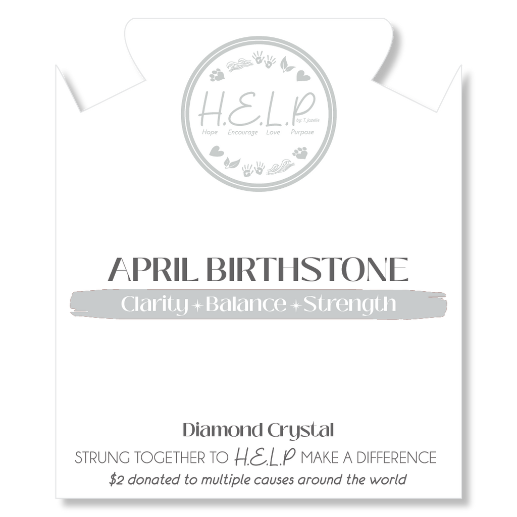 HELP by TJ April Diamond Crystal Birthstone Charm with White Cats Eye Charity Bracelet