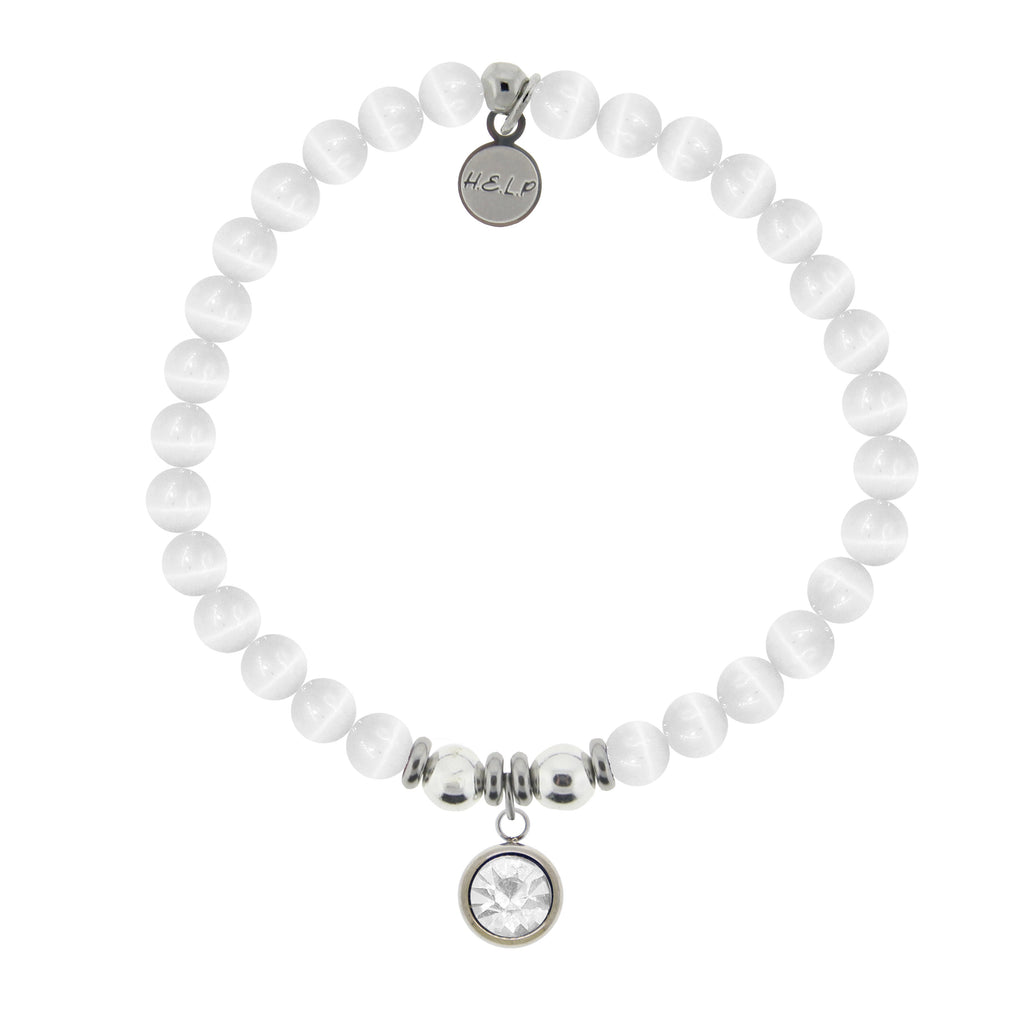 HELP by TJ April Diamond Crystal Birthstone Charm with White Cats Eye Charity Bracelet