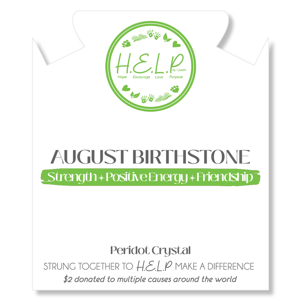 HELP by TJ August Peridot Crystal Birthstone Charm with White Cats Eye Charity Bracelet