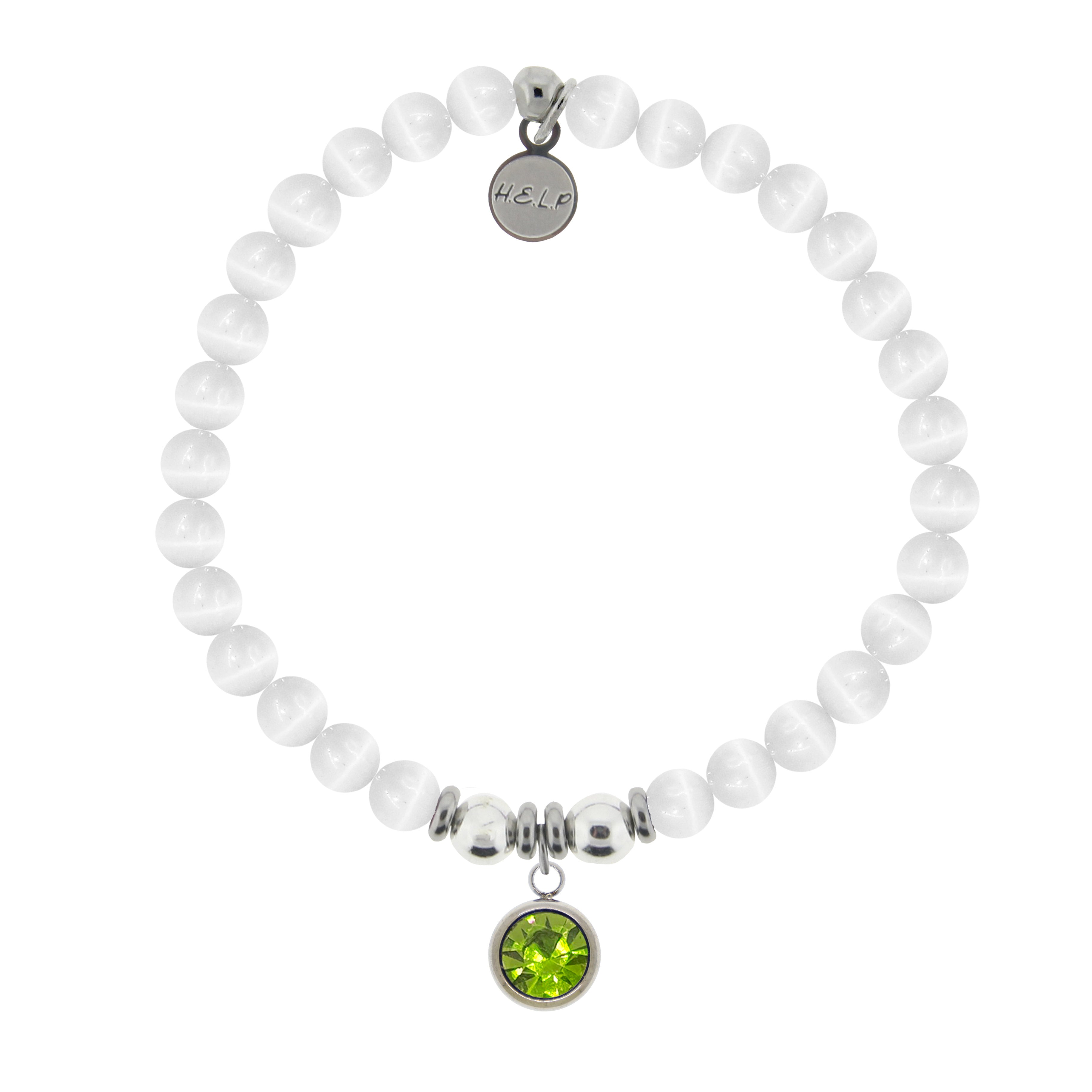 HELP by TJ August Peridot Crystal Birthstone Charm with White Cats Eye Charity Bracelet