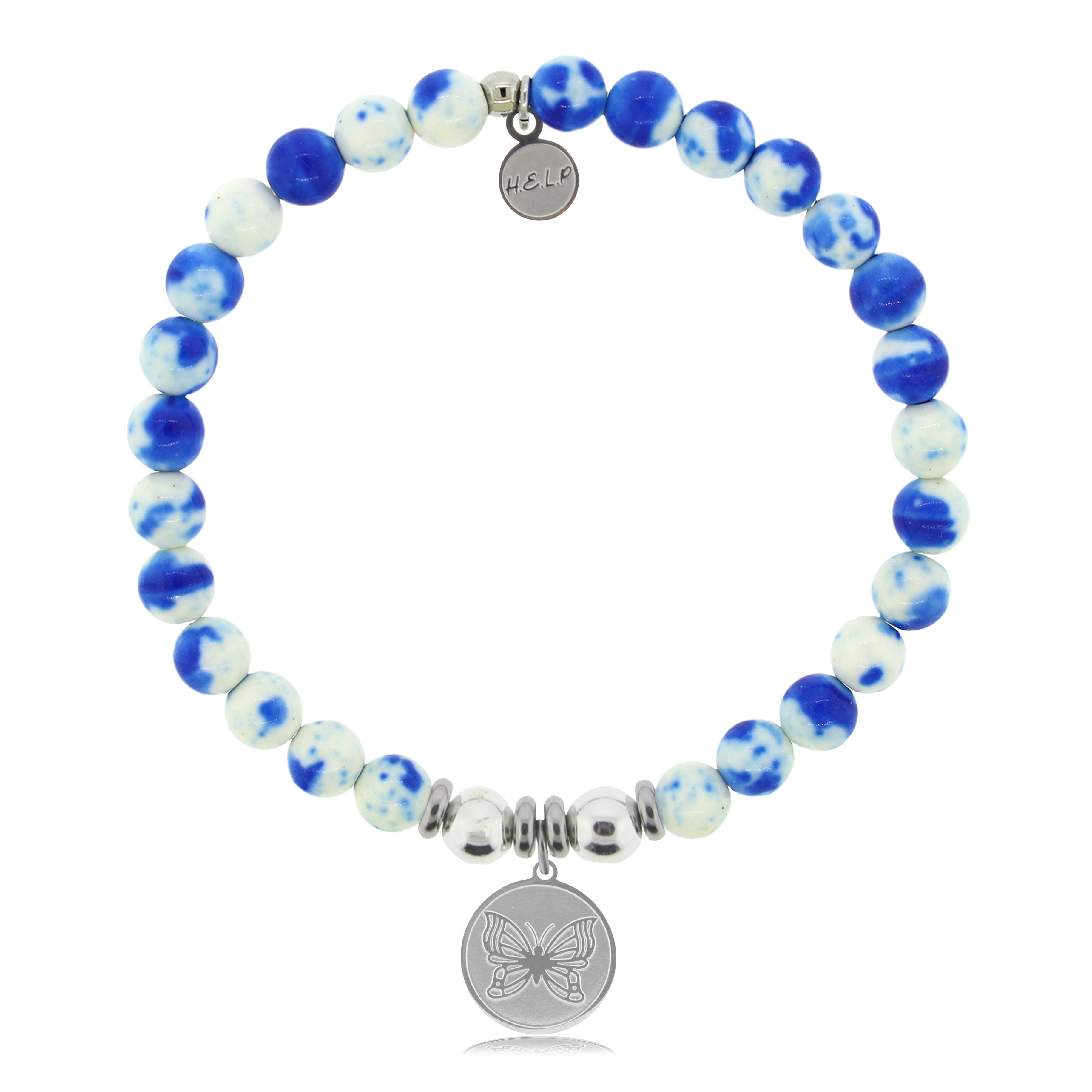 HELP by TJ Butterfly Charm with Blue and White Jade Charity Bracelet