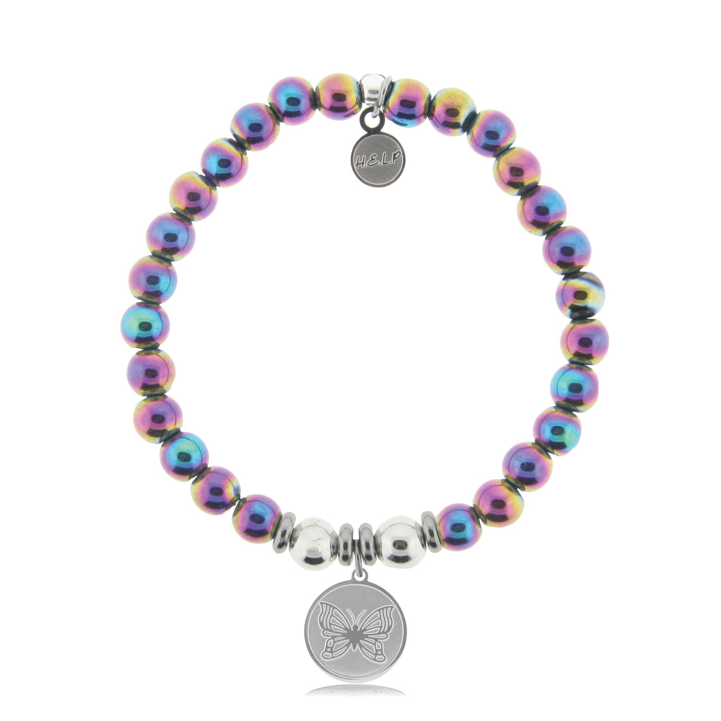 HELP by TJ Butterfly Charm with Rainbow Hematite Beads Charity Bracelet