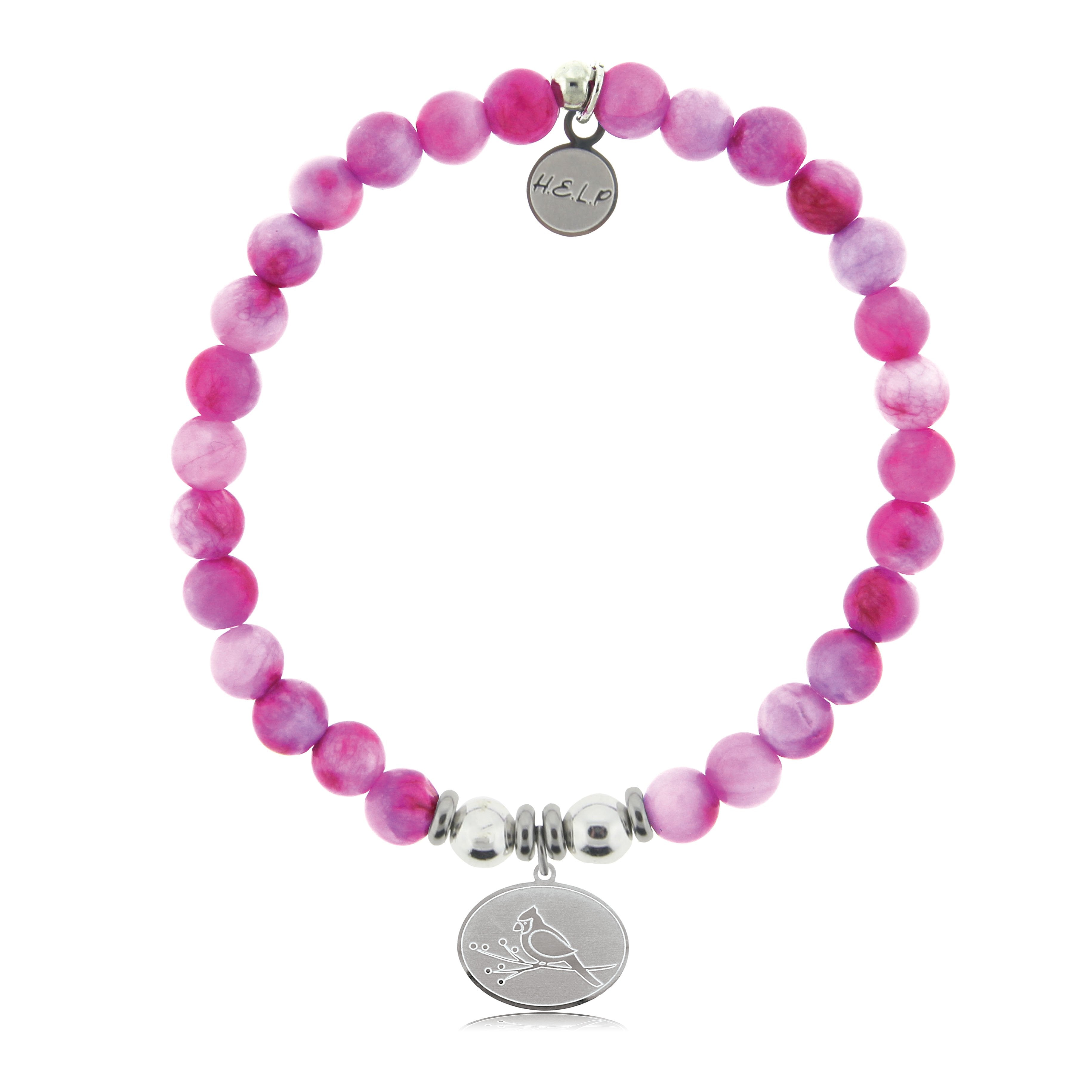 HELP by TJ Cardinal Charm with Hot Pink Jade Beads Charity Bracelet