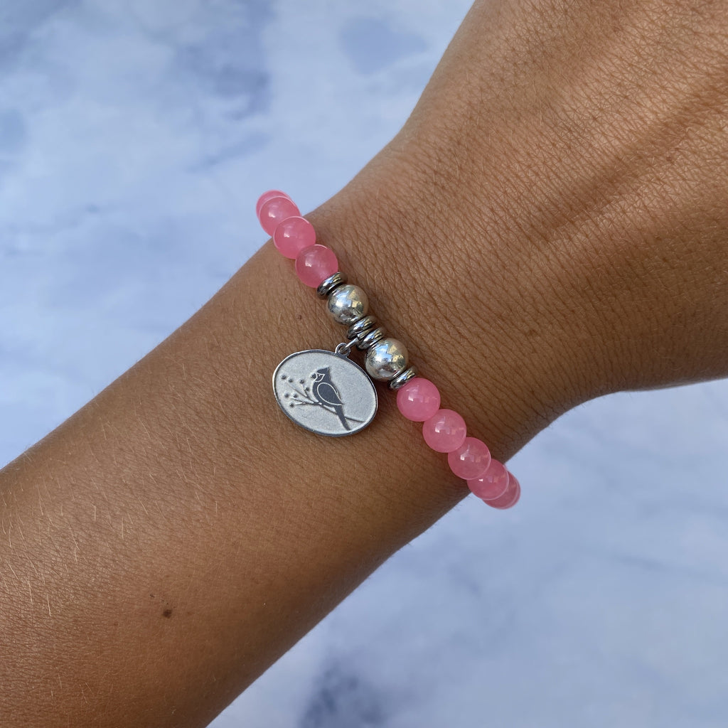 HELP by TJ Cardinal Charm with Pink Agate Beads Charity Bracelet