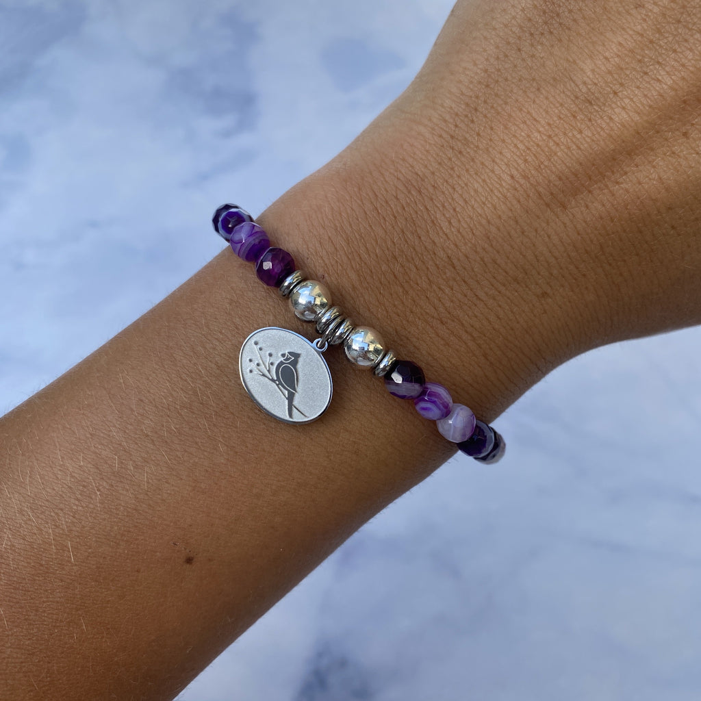 HELP by TJ Cardinal Charm with Purple Stripe Agate Beads Charity Bracelet