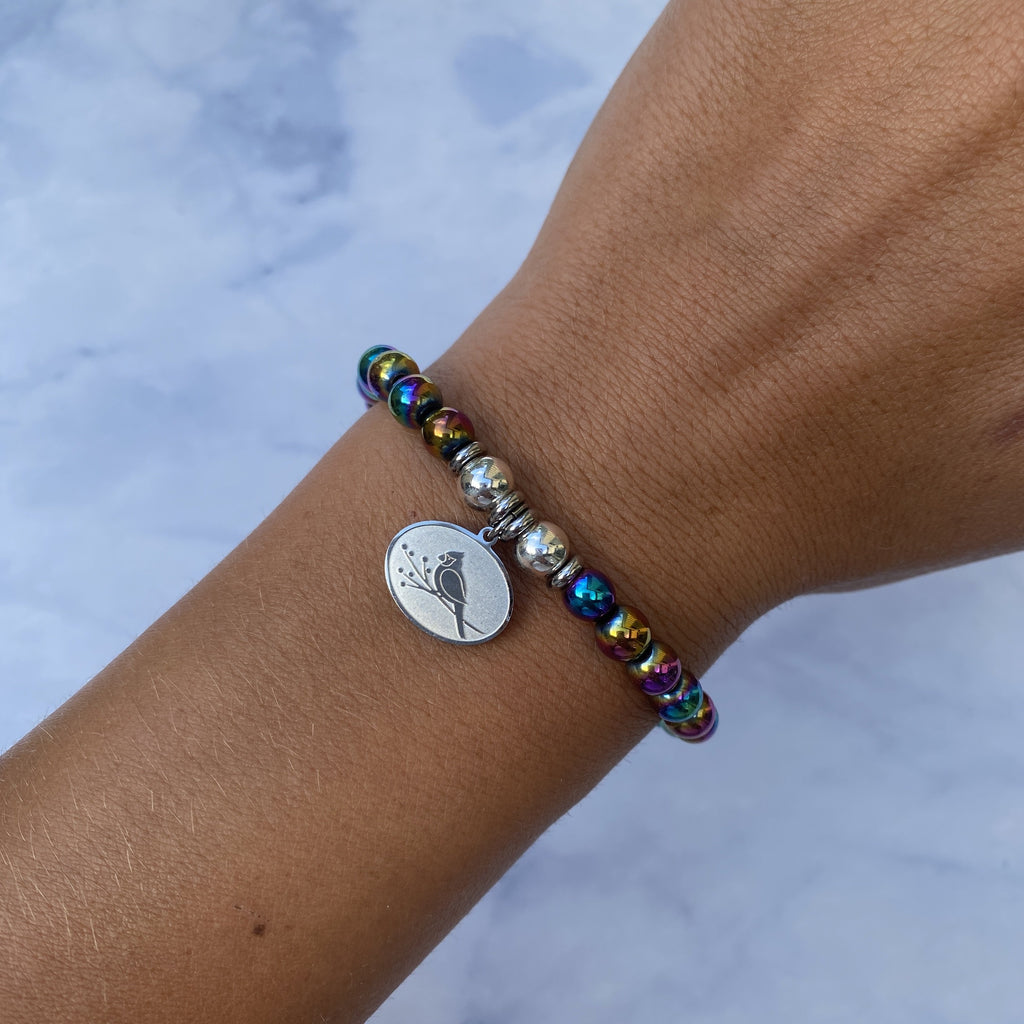HELP by TJ Cardinal Charm with Rainbow Hematite Beads Charity Bracelet