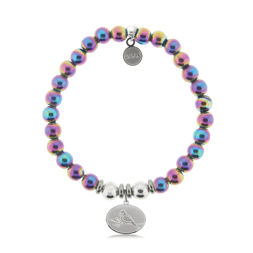 HELP by TJ Cardinal Charm with Rainbow Hematite Beads Charity Bracelet
