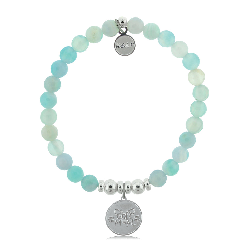 HELP by TJ Cat Mom Charm with Aqua Agate Beads Charity Bracelet