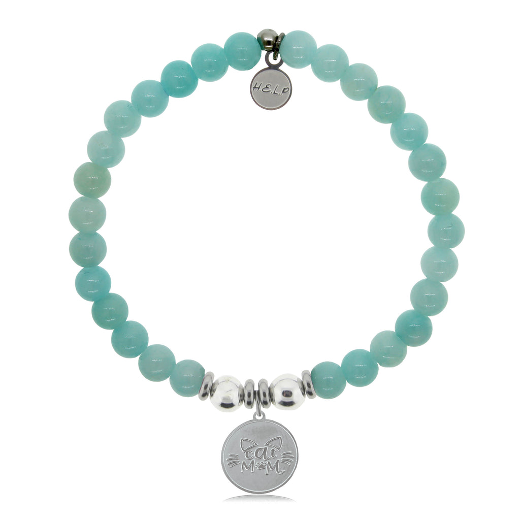 HELP by TJ Cat Mom Charm with Baby Blue Agate Beads Charity Bracelet