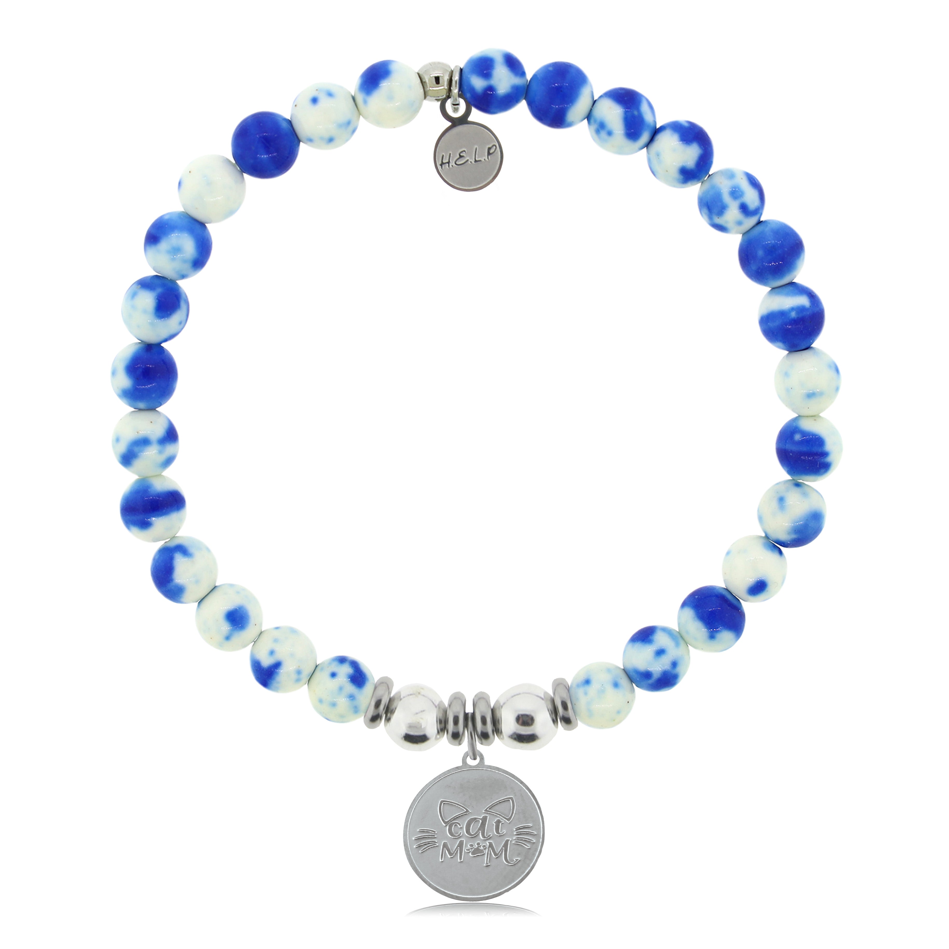 HELP by TJ Cat Mom Charm with Blue and White Jade Charity Bracelet