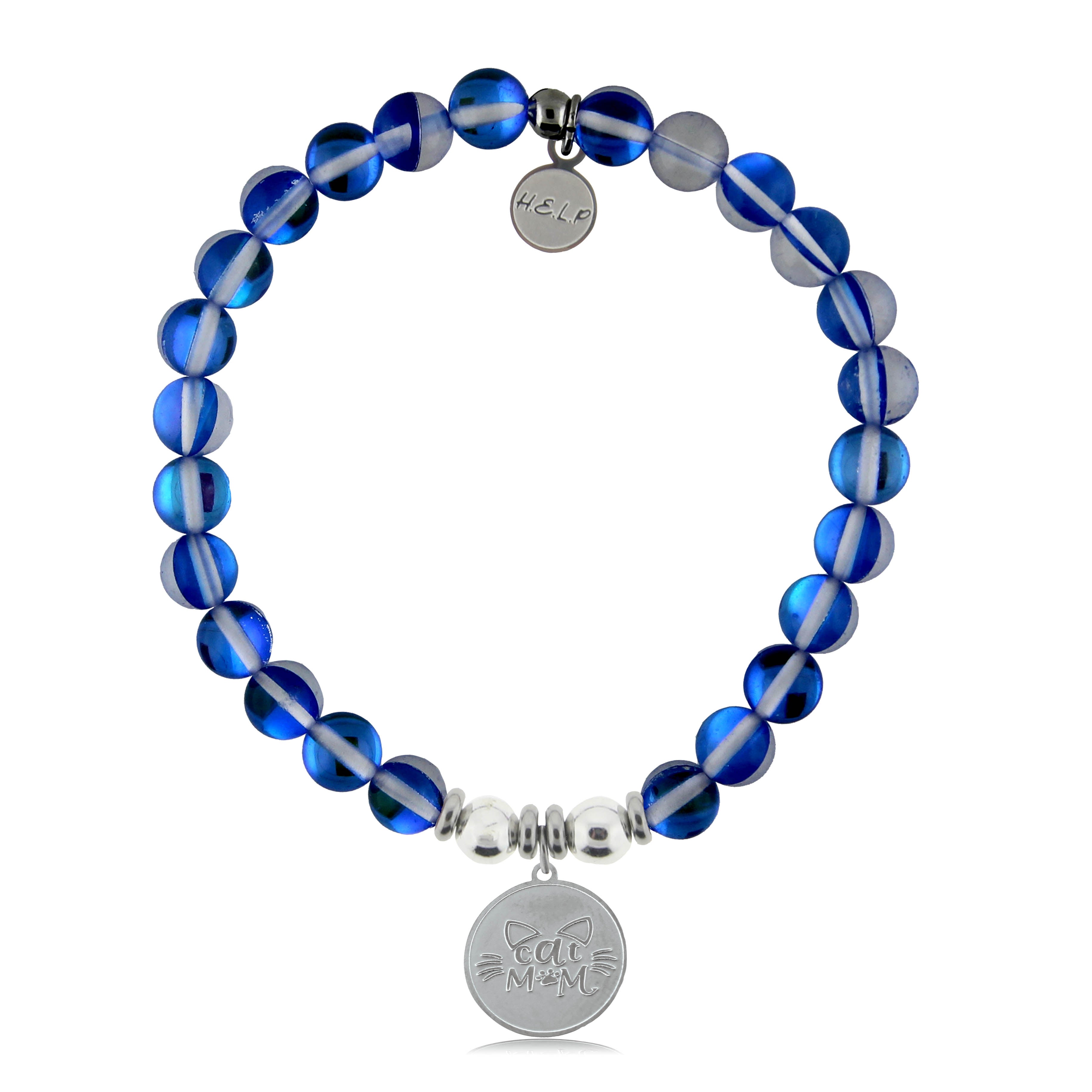 HELP by TJ Cat Mom Charm with Blue Opalescent Beads Charity Bracelet