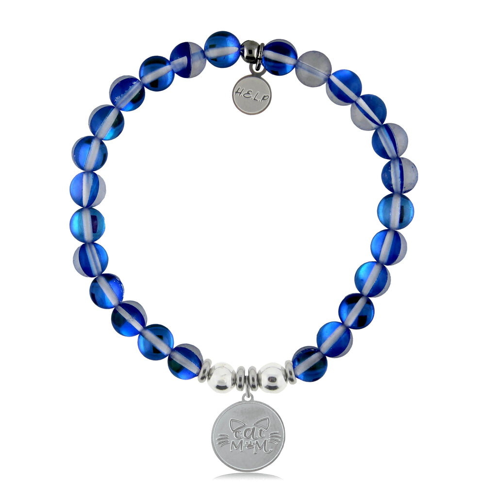 HELP by TJ Cat Mom Charm with Blue Opalescent Beads Charity Bracelet