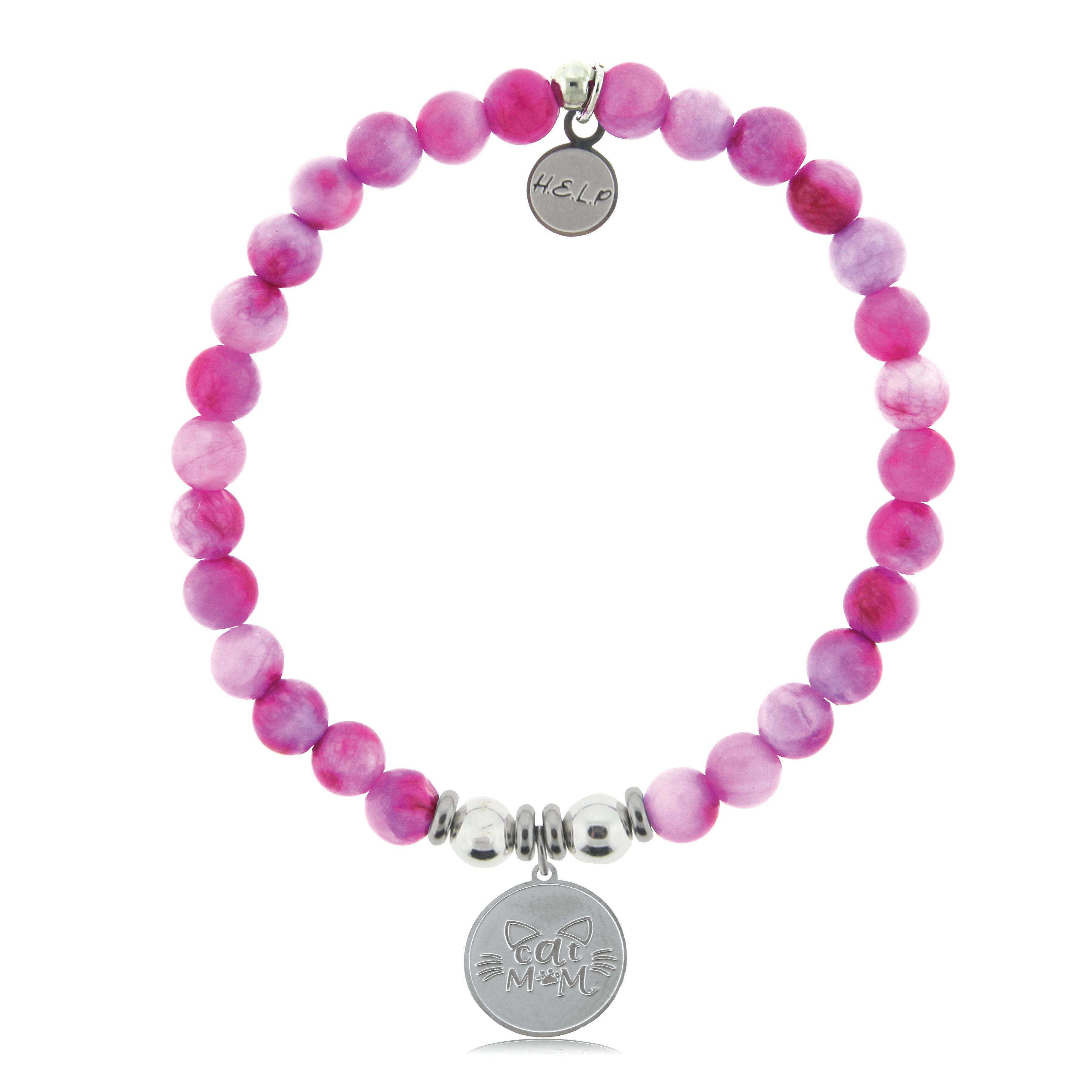 HELP by TJ Cat Mom Charm with Hot Pink Jade Beads Charity Bracelet