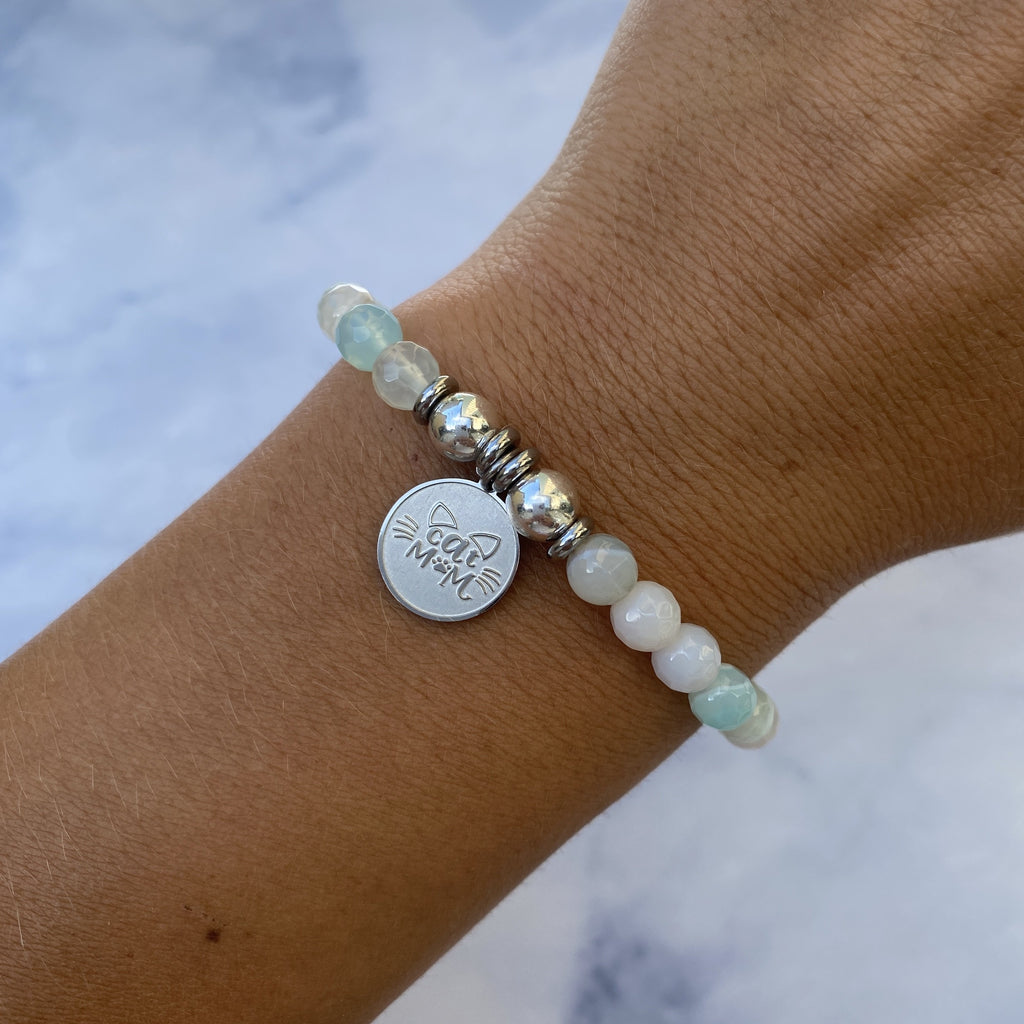 HELP by TJ Cat Mom Charm with Light Blue Agate Beads Charity Bracelet