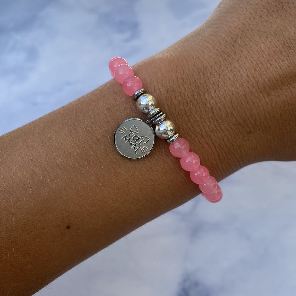 HELP by TJ Cat Mom Charm with Pink Agate Beads Charity Bracelet