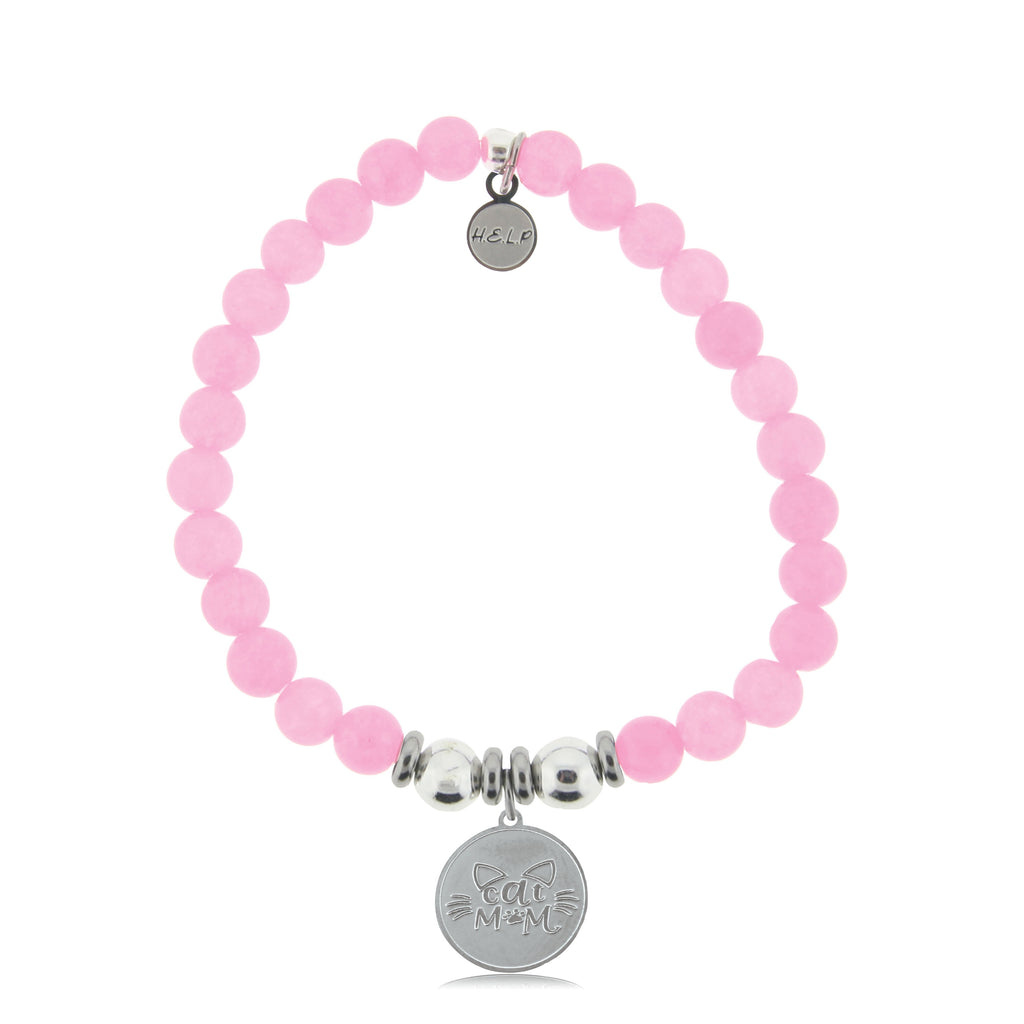 HELP by TJ Cat Mom Charm with Pink Jade Beads Charity Bracelet