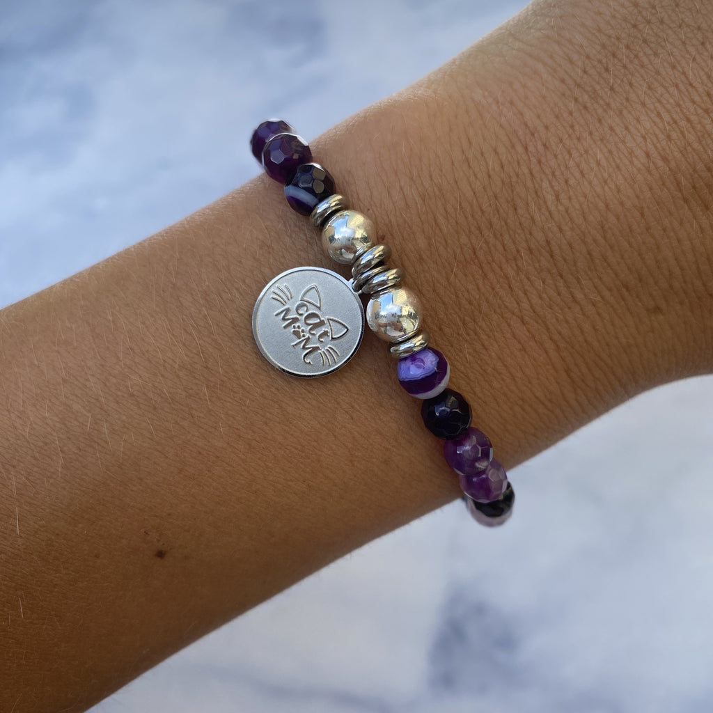 HELP by TJ Cat Mom Charm with Purple Stripe Agate Beads Charity Bracelet