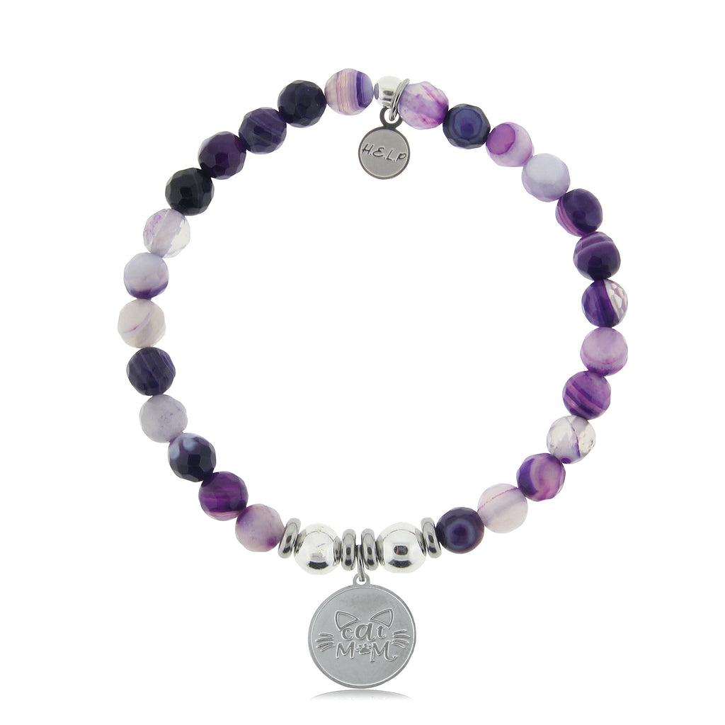 HELP by TJ Cat Mom Charm with Purple Stripe Agate Beads Charity Bracelet